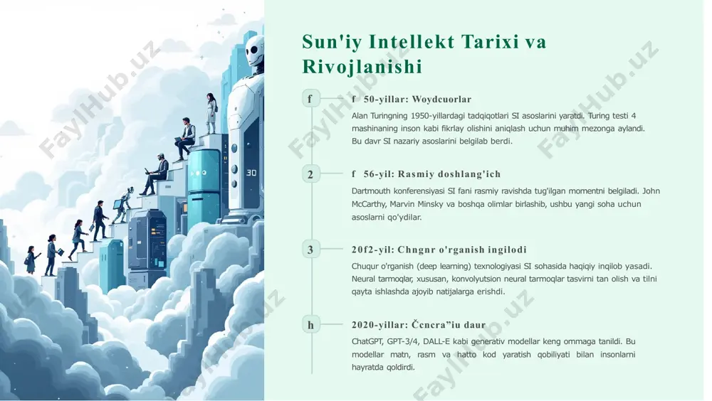 llangan si vositasi. u yozma matnni tabiiy ovozga aylantiradi va mos tasvirlar bilan birlashtiradi, shu orqali professional video kontent yaratish jarayonini sezilarli darajada soddalashtiradi. sun'iy intellektning kuchli va zaif tomonlari 7 kuchli tomonlari tezkorlik va aniqlik katta ma'lumotlarni bir necha soniya ichida tahlil qilish va xatosiz hisob-kitoblar bajarish qobiliyati. inson uchun oylar talab qiladigan ishlarni daqiqalar ichida tugallaydi. chidamlilik 24/7 ishlash qobiliyati, charchamaslik va doimiy samaradorlikni saqlash. si tizimlari uzluksiz faoliyat yuritishi mumkin. ko'p vazifalar bir vaqtda minglab vazifalarni parallel bajarish imkoniyati. multitasking qobiliyati insonlarnikidan ming marta kuchli. ¦ zaif tomonlari hissiyotlar inson hissiyotlarini to'liq tushuna olmaslik, empatiyanin yo'qligi va ijtimoiy nozikliklarni anglay olmaslik kabi cheklovlar mavjud. kontekst tushunish chuqur kontekstni, madaniy nozikliklarni va yashirin ma'nolarni anglay olmaslik. ironiyaniva hazilni tushunishda qiyinchiliklar. ijodkorlik cheklovi haqiqiy ijodiy fikrlash, intuitsiya va tasodifiy kashfiyotlar qilishda cheklovlar. faqat mavjud ma'lumotlar asosida ishlaydi. sun'iy intellekt va inson aqli: farqlar va o'xshashliklar "sun'iy intellekt va inson …