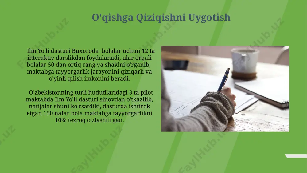 shilaydi. ilm yo'li dasturi ijtimoiylashuvni 3 bosqichda – o'yinlar, guruhdagi ishlar va kichik loyihalar orqali amalga oshiradi, bu esa bolaning andijon shahridagi maktabga moslashuvini 90% ga oshiradi. kognitiv qobiliyatlarni rivojlantirish kognitiv qobiliyatlarni rivojlantirish bo'yicha ilm yo'li dasturi, toshkentdagi 20 ta maktabda sinovdan o'tkazilib, o'quvchilarning 85% da sezilarli yaxshilanish kuzatildi. ilm yo'li dasturi 5-7 yoshli bolalarda mantiqiy fikrlashni rivojlantirish uchun samarqanddagi maxsus o'quv markazlarida 30 dan ortiq amaliy mashg'ulotlarni taklif etadi. ilm yo'li dasturining o'ziga xos xususiyatlari dastur, an'anaviy ta'limdan farqli o'laroq, 3 bosqichli o'yinchoqlar va amaliy mashg'ulotlar orqali bolaning fikrlash, muloqot va ijtimoiy ko'nikmalarini rivojlantiradi, masalan, toshkent shahridagi tajriba guruhlari natijalarini hisobga olgan holda. ilm yo'li dasturida 7 yoshgacha bo'lgan bolalar uchun maxsus ishlab chiqilgan 25 dan ortiq o'quv materiallari va qo'llanmalari mavjud bo'lib, ular namangan shahridagi bosmaxonalarda chop etilgan. bolani maktabga tayyorlashning asosiy bosqichlari dasturda bolaning ijtimoiy moslashuvini rivojlantirishga 7 kunlik reja kiritilgan bo'lib, unda 3ta guruhdagi o'yinlar va …