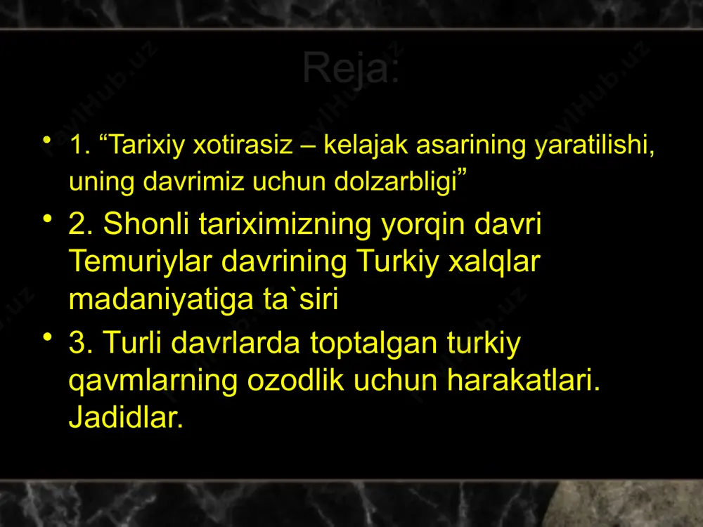 yosatining ustuvor sohasi deb e`lon qilganmiz. komil inson deganda biz, avvalo, ongi yuksak, mustaqil fikrlay oladigan, xulq-atvori bilan o`zgalarga ibrat bo`ladigan bilimli, ma`rifatli kishilarni tushunamiz. ongli, bilimli odamni oldi-qochdi gaplar bilan aldab bo`lmaydi. u har bir narsani aql, mantiq tarozisiga solib ko`radi. o`z fikr-o`yi, xulosasini mantiq asosida qurgan kishi yetuk odam bo`ladi. xx asr boshidagi ma`rifatchilik harakati haqida gapirgandim. o`sha harakatning namoyandalari boylik uchun, shon-shuhrat uchun maydonga chiqishdimi? mahmudxo`ja behbudiy, munavvar qori, fitrat, tavallolarga maktab ochganlari, xalqni o`z haq-huquqlarini tanishga da`vat etganlari uchun birov maosh to`laganmi? birov ularga oylik berganmi? albatta, yo`q! ular o`t bilan o`ynashayotganlarini, istibdodga qarshi kurashayotganlari uchun ayovsiz jazolanishlarini oldindan yaxshi bilishgan. bilaturib, ongli ravishda mana shu yo`ldan borganlar. chunki, vijdonlari, iymonlari shunga da`vat etgan. kim bo`lishidan qat`i nazar, jamiyatning har bir a`zosi o`z o`tmishini yaxshi bilsa, bunday odamlarni yo`ldan urish, har xil aqidalar ta`siriga olish mumkin emas. tarix saboqlari insonni hushyorlikka o`rgatadi, irodasini mustahkamlaydi. mustaqillikka erishganimizdan …