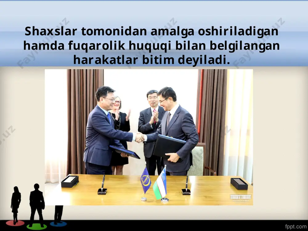 homiysining roziligisiz tuzilgan; qonun talab qiladigan shakliga rioya etmaslik; qonun hujjatlarining talablariga muvofiq bo‘lmagan; o‘n to‘rt yoshga to‘lmagan shaxs tomonidan tuzilgan; vakillik vakillik — ishonchnomaga, qonunga, sud qaroriga yoki vakil qilingan davlat organining hujjatiga asoslangan vakolat bilan bir shaxs (vakil) tomonidan boshqa shaxs (vakolat beruvchi) nomidan tuzilgan bitimdir. o‘z xarakteriga ko‘ra faqat shaxsan tuzilishi mumkin bo‘lgan bitimni vakil orqali tuzishga yo‘l qo‘yilmaydi. muomalaga layoqatsiz fuqarolar nomidan bitimlarni ularning ota-onalari, farzandlikka oluvchilari va vasiylari tuzadilar. bitimlar ishonchnoma bo‘yicha tuzilishi ham mumkin. bir shaxs (ishonch bildiruvchi) tomonidan ikkinchi shaxsga (ishonchli vakilga) uchinchi shaxslar oldida vakillik qilish uchun berilgan yozma vakolat ishonchnoma hisoblanadi. ishonchnoma oddiy yozma shaklda yoki notarial shaklda rasmiylashtiriladi. ishonchnoma ko‘pi bilan uch yil muddatga berilishi mumkin. agar ishonchnomada muddat ko‘rsatilgan bo‘lmasa, u berilgan kundan boshlab bir yil mobaynida o‘z kuchini saqlaydi. berilgan sanasi ko‘rsatilmagan ishonchnoma haqiqiy emas. savol va topshiriqlar: 1. fuqarolar va yuridik shaxslarning qanday harakatlari bitim deb tan …
