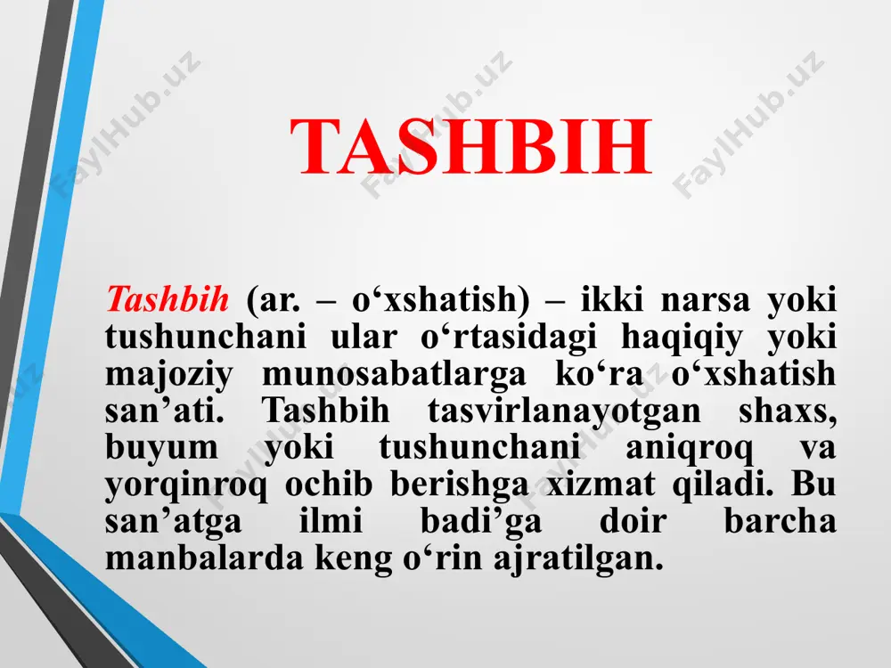 bo‘lishi mumkin emas. masalan, “farhod va shirin” dostonida shirinning oti yiqilay deganda, farhodning otni va shirinni yelkasiga ko‘tarib bir necha chaqirim yo‘l bosishini aqlan qabul qilish mumkin bo‘lsa ham, bunday voqea hayotda yuz berishi mumkin emas: ko‘tardi orqasig‘a bodponi, nechukkim bodpo ul dilraboni... chu ikki-uch yig‘och gom urdi shaydo, bo‘lub ollinda qasru havz raydo. iyhom iyhom (arabcha «shubhaga solish», «adashtirish») – she’rda ikki ma’noli so‘zni qo‘llash san’ati. bu ma’nolardan biri aniq sezilsa ham, ikkinchi ma’no payqalmasligi mumkin. iyhom va tajnisning farqi shundaki, iyhomni faqat bir so‘z hosil qiladi, tajnisda esa bir xil shaklli bir necha so‘z ishtirok etadi. falak yore nakard, ey do‘ston, dushman muzaffar shud… (mazmuni: falak do‘stlik qilmadi, dushmanim muzaffar bo‘ldi) (mo‘min mirzo) munajjim qosh-u ko‘zung ko‘rgach, aytur kim: “ushbu oy boshinda fitnalar bor” (lutfiy) ishqing o’tin gar navoiy desakim aylay raqam, so’zidin kuyar qalam, qurur qaro, erir davot. (navoiy) tashxis tashxis (ar. – jonlantirish, shaxslantirish) – hayvonlar, …