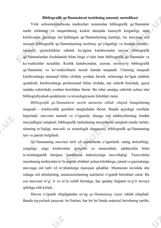 zetalarga, mavzuga oid turli xil to‘plamlarga murojaat qiladilar. muntazam ravishda shu sohaga oid olimlarning, mutaxassislarning asarlarini o‘rganib borishlari zarur. bu esa mavzuni to‘g‘ ri va to‘la ochib berishga, har qanday hujjatni to‘g‘ri tavsiya qilishga olib keladi. mavzu o‘rganib chiqilgandan so‘ng qo‘llanmaning rejasi ishlab chiqiladi. bunda tayyorlash jarayoni, bo‘limlari, har bir bo‘limda material berishning tartibi, hujjatlarni joylashtirish prinsiðlari, yordamchi apparatlar, ularning tartibi, foydalanish uchun manbalar ko‘rsatiladi. matbuot asarlarini aniqlash va bibliografik qidirish bosqichining vazifasi — tanlangan mavzuga oid adabiyotlarning (agar u vaqtincha mavjud bo‘lmasa, bibliografik yozuvlarning) kutubxonada mavjudligini aniqlashdan iborat. agar mavjud bo‘lmasa uning sababi o‘rganiladi. tuzuvchi mavzuga oid ma’lumot beruvchi hamma manbalarni ko‘rib chiqadi: kataloglar, kartotekalar, bibliografik ro‘yxatlar, boshqa bibliografik nashrlar, ko‘rsatkichlar, sharhlar, mutaxassislikka oid jurnallardagi ro‘yxatlar va boshqalar. ulardan kutubxonada mavjud hujjatlarning bibliografik ma’lumotlari tanlab olinadi va mahalliy nashrlar haqidagi ma’lumotlar qo‘shiladi. ba’zan yangi adabiyotlardagi, o‘quv qo‘llanmalaridagi, ko‘p tarmoqli, tarmoqli, mavzuli bibliografik ko‘rsatkichlardagi, «kitob dunyosi» gazetasidagi ro‘yxatlar ham ko‘rib …
