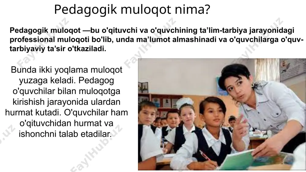 jamman bolalar meni tinglashadi; dars juda qiziqarli bo'ladi men darsga yaxshi tayyorlangan- man pedagog o'zida ijodiylik hissini shakllantirish va boshqarish uchun quyidagi autotreninglarni qo'llashi mumkin: men ishonch bilan dars o'ta olaman men darsga yaxshi tayyorlanganman muloqot uslublariga quyidagilar kiradi: 1. hamkorlikdagi ijodiy faoliyatga qiziqish asosidagi muloqot. 2. do'stona munosabatlar asosidagi muloqot. 3. masofadan turib muloqotga kirishish. 4. qo'rqitish (qo'rquv) asosidagi muloqot. 5. soxta obro'-e’tibor qozonish uchun tashkil qilinadigan muloqot. 3. oilada pedagogik muloqot seminar mashg`uloti uchun mavzular: 1. kasbiy-pedagogik muloqot uslubi va uning turlari 2. kasbiy-pedagogik muloqot texnikasi va treningi : mustaqil ta'limdan o`qib, topshirishingiz kerak bo`lgan adabiyotlar: 1. tohir malik "odamiylik mulki" 2. a.fitrat "oila" 3. j.rumiy “o`zingni angla" image26.jpeg image27.jpeg image28.jpeg image29.jpeg image30.jpeg image31.jpeg image32.jpeg image33.jpeg image23.png