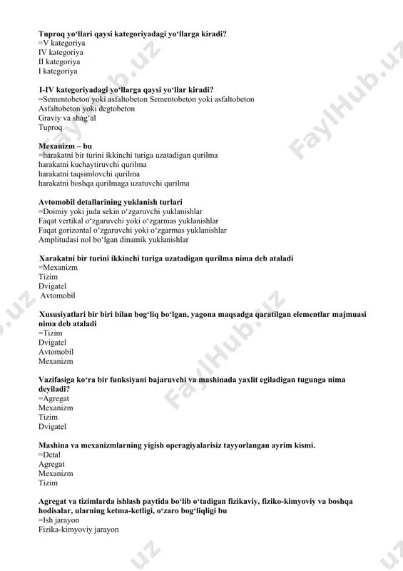 an, yagona maqsadga qaratilgan elementlar majmuasi nima deb ataladi =tizim dvigatel avtomobil mexanizm vazifasiga ko‘ra bir funksiyani bajaruvchi va mashinada yaxlit egiladigan tugunga nima deyiladi? =agregat mexanizm tizim dvigatel mashina va mexanizmlarning yigish operagiyalarisiz tayyorlangan ayrim kismi. =detal agregat mexanizm tizim agregat va tizimlarda ishlash paytida bo‘lib o‘tadigan fizikaviy, fiziko-kimyoviy va boshqa hodisalar, ularning ketma-ketligi, o‘zaro bog‘liqligi bu =ish jarayon fizika-kimyoviy jarayon takt fizikaviy jarayon avtomobil mexanizm va agregatlarining xisoblash rejimi deb nimaga aytiladi? =avtomobil detallarini mustahkamlikka yoki charchashga hisoblanayotganda qabul qilingan haqiqiy yoki shartli yuklanish rejimi avtomobil detallarini mustahkamlikka yoki charchashga hisoblanayotganda qabul qilingan eng katta yuklanish rejim avtomobil detallarini mustahkamlikka yoki charchashga hisoblanayotganda qabul qilingan o‘rtacha yuklanish rejimi avtomobil detallarini mustahkamlikka yoki charchashga hisoblanayotganda qabul qilingan eng kichkina yuklanish rejimi ∑r=0, ∑m=0 nimani anglatadi =matematik modeldagi muvozanat holat ifodasini mometlar yig‘indisini kuchlar yig‘indisini yuklanish rejimi ekspluatatsiya davrida detal va agregatlarga ta’sir etuvchi real yuklanish bu: =yuklanish rejimi xisoblash …