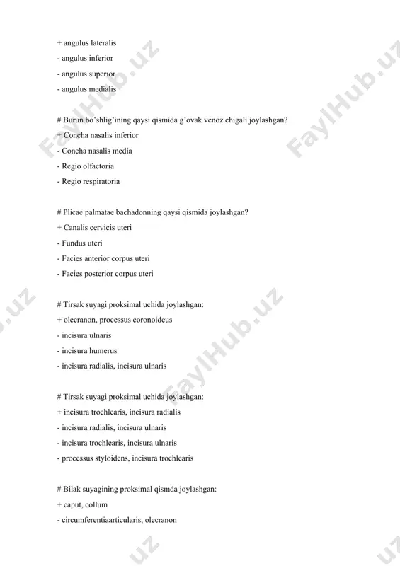 lus parietalis inferior - lobulus parietalis superior - gyrus precentralis - gyrus temporalis superior # stereognoziya markazi qayerda joylashgan? + lobulus parietalis superior - lobulus parietalis inferior - gyrus precentralis - gyrus temporalis superior # hisoblash markazi qayerda joylashgan? + gyrus angularis - gyrus temporalis superior - gyrus precentralis - gyrus temporalis superior # yurakning koronar arteriyalari qayerdan boshlanadi? + bulbus aortae - arcus aortae - truncus pulmonalis - ventriculus sinister # spermatogenez jarayoni qayerda kechadi? + tubuli seminiferi contorti - rete testis - tubuli seminiferi recti - tubuli efferentes # follikulalar qayerda joylashgan? + tuxumdonning stromasida - tuxumdonning parenximasida - sariq tanada - oq tanada # qaysi kasallik qalqonsimon bezning giperfunksiyasida kelib chiqadi? + tireotoksikoz - miksedema - endemik zob - tetaniya # bilak suyagining distal qismida joylashgan: + processus styloideus, incisura ulnaris - incisura radialis, processus styloideus - incisura ulnaris, caput - incisura radialis, facies articularis carpea # …