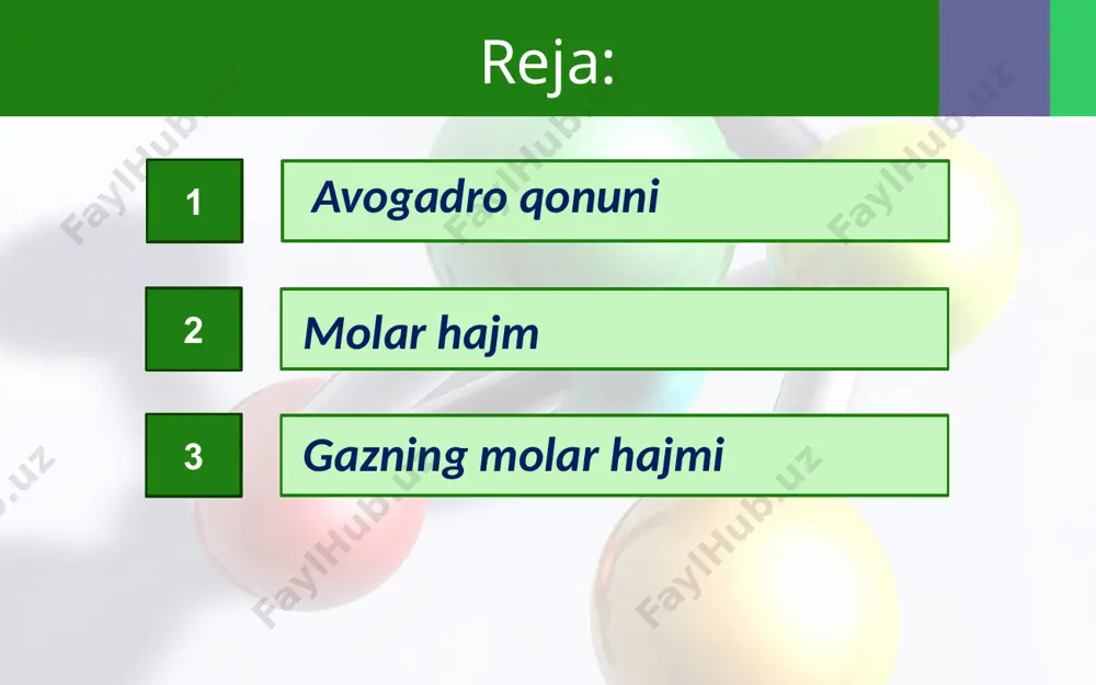 r hajmi vm deb ataladi va u: vm = v/n formula bilan ifodalanadi. ushbu formuladan foydalanib, n = v/vm, v = nvm formulalarni keltirib chiqarishimiz mumkin. agar gazning massasi berilgan bo‘lsa, v = m · vm /m formuladan foydalanib uning hajmi topiladi. normal sharoitda suyuq va qattiq moddalarning 6,02·1023 ta molekulalari zichliklariga mos holda turli hajmni egallaydi. masalan, suyuq holatdagi suvning 6,02·1023 ta molekulasi yoki 1 moli 0,018 l hajmni egallaydi (suvning 4°c dagi zichligi 1 g/ml). image2.jpg image3.jpeg image4.jpeg image5.jpeg image6.png image7.jpeg image8.jpeg image9.jpeg image10.png image11.jpeg image12.jpeg image13.jpeg image14.jpeg image15.png image16.png image17.jpeg image18.jpeg image19.png image20.jpeg image21.png image22.jpeg image1.jpg