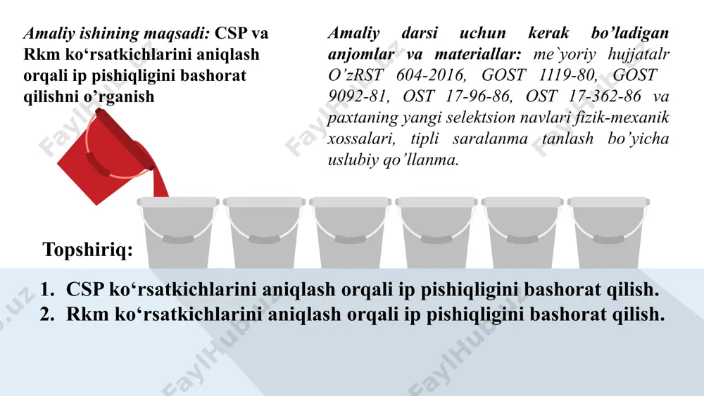 ratlashda rkm ko‘rsatkichi – uzish uzunligidan foydalaniladi. bu ko‘rsatkich xalqaro standart uster statistics 2018 ga kiritilgan. bu ko‘rsatkich "ipning km dagi uzunligi" ni bildirib, ip shuncha km uzunlikda o‘z og‘irligi ta’sirida uziladi deb tushuniladi. bu qiymat ipni cho’zishdagi uzish kuchining gr/tekc dagi ko‘rsatkichi qiymatiga teng. masalan, rkm qiymati 15 bo‘lgan ip uzunligi 15 km bo‘lganda ip o‘z og‘irligida uzilishini bildiradi. solishtirma uzish kuchi va rkm ko‘rsatkichi orasida r=rkm*0.9807 sn/teks munosabat mavjud. sitra tavsiyalariga ko‘ra rkm empirik formula yordamida hisoblanadi. - tola sifati indeksi lar, rar, mar – hvi tizimida aniqlangan, aralashmadagi tola ko’rsatkichlari rkm quyidagi formulalar yordamida hisoblanadi. agar hvi tizimi ko’rsatkichlaridan tolaning o’rtacha uzunligi ma`lum bo’lsa, karda ipi uchun qayta tarash ipi uchun bu yerda. lar – tola uzunlik, mm; rar –tolaning solishtirma uzish kuchi, sn/teks; mar – mikroneyr; ne esa ipning inglizcha nomeri va y- qayta tarash tarandisi foizini anglatadi. ipning csp ko‘rsatkichi hisoblaymiz: ipning rkm ko‘rsatkichini hisoblaymiz: …