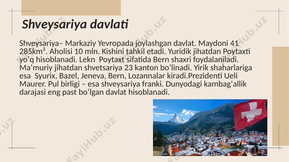 tni riksdag (1 palatali parlament), ijrochi hokimiyatni hukumat amalga oshiradi. shvetsiyada toʻrtta konstitutsiya mavjud: boshqaruv shakli, vorislik tartibi, matbuot erkinligini tartibga solish va soʻz erkinligi konstitutsiyasi. bundan tashqari, konstitutsiya va oddiy qonunlar oʻrtasida oʻrta asos boʻlgan riksdag tartibi mavjud. asosiy qonunlar barcha qonunlardan ustundir. bu shuni anglatadiki, boshqa qonunlarning mazmuni hech qachon konstitutsiyalarda koʻrsatilganlarga zid boʻlmasligi kerak. maqsad demokratiyani himoya qilishdir. ta`lim yonalishi shvetsariyada taʼlimning yagona tizimi mavjud emas. har bir kanton oʻzining maktab qonuni va boshqaruviga ega. lekin barcha kantonlar uchun 6—7 yoshdan 15—16 yoshgacha boʻlgan bolalar uchun majburiy taʼlim joriy qilingan. asosiy (boshlangʻich) maktablar har bir kantonda qabul qilingan sistemaga qarab 7, 8 yoki 9 yillik boʻlinadi. oʻrta maktablar 2 turkumli boʻlib ular umumtaʼlim va ixtisoslashgan maktablarga boʻlinadi. hunartexnika oʻquv yurtlari, tijorat, maʼmuriy, texnika, qishloq xoʻjaligi va badiiy maktablar, oʻqituvchilar gimnaziyalari mavjud. ijtimoiy siyosati shvetsariya siyosati ko‘p partiyaviy tizimga asoslangan bo‘lib, u federalizm va to‘g‘ridan-to‘g‘ri demokratiya prinsiplariga tayangan. …