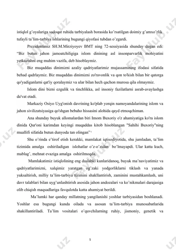 larimiz qaytadan tiklandi. ulardan bolalarni ma’naviy jihatdan tarbiyalashda foydalanish oilaviy tarbiyamiz uchun obektiv zarurtga aylandi. sharq xalqlarining bir necha ming yillar mobaynida yaratgan bebaho odob-axloq qoidalari, qadriyatlari mavjud. ularni qaytadan tiklash va hayotga tadbiq etish muhim masalalardan biridir. sharq mutafakkirlarining ilmiy merosida ta’lim-tarbiya masalalari muhim o’rin egallaydi. ayniqsa, ular oila va oilada farzand tarbiyasiga katta e’tibor berganlar. zero yosh avlod tarbiyasi insoniyatning kelajak taqdirini belgilaydigan, ularni ijobiy mezon bilan qurollantiradigan sifatlar bo’lganligi uchun ham mutafakkirlar bu muammoni hal ______________________ 2birinchi prezidentimiz i.a.karimov “yuksak manaviyat – yengilmas kuch” toshkent, “manaviyat” 2010. qilishga harakat qilib kelganlar. muhammad ibn muso al xorazmiy, abu nosr farobiy, abu rayhon beruniy, abu ali ibn sino, muhamad qoshg’oriy, yusuf xos hojib, kaykovus, umar xayyom, ahmad yugnakiy, sa’diy, abdurahmon jomiy, alisher navoiy, jaloliddin davoniy, husayn voiz koshifiy kabi mutafakkirlarning qator asarlarida bolalarni ma’naviy-axloqiy tarbiyalash masalalari o’rtaga qo’yilgan va ularni hal etish yo’llari ko’rsatib berilgan. shoir mutafakkirlar qomusiy asarlarida …