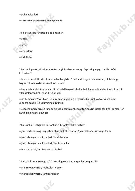 o‘tgan davrda iqtisodiyfoydaning aktivlarning oqimi yoki ko‘payishi shaklida o‘sishi yoki passivlarning qatnashchilarning kapitalidagi omonatlardan farq etuvchi o‘sishiga olib keluvchi kamayishdir = hisobot davrida iqtisodiy foydaning aktivlarning chiqib ketishi yoki ulardan foydalanish shaklida kamayishi, shuningdek, qatnashchilar o‘rtasida kapitalning kamayishiga olib keluvchi majburiyatlarning yuzaga kelishidir = daromadlar va xarajatlar farqlanishidagi quyi o‘zgaruvchanlik ? xix asrda buxgalteriya balansidagi ba’zi ko‘rsatkichlarga izoh berish...? = auditni vujudga keltirgan = reviziyaga asos slogan = tahlil fanini vujudga kelishi uchun ob’ektiv asos bo‘lgan = hech qanday ta’siri bo‘lmagan ? xix asrda xo‘jalik faoliyatini chuqurroq o‘rganish .......... talab qildi? = auditni tashkil qilishni = reviziyani tashkil qilishni = buxgalteriya balansidagi ba’zi ko‘rsatkichlarga izoh berishni = iqtisodiy tushuntirishlarni ? omilli tahlilga ta’rif bering? = xo‘jalik faoliyati natijasiga ta’sirqiluvchi omillarni aniqlashva ularning ta’sirini hisoblash usullarini majmuasini o‘zida aks ettiradigan tahlildir = xo‘jalik yurituvchi sub’ekt istiqbolini, biznes-rejasini, invistisiya loyihalarini asoslash uchun halisodir bo‘lmagan, ya’ni bo‘lishi kutilayotgan iqtisodiy jarayonlarni o‘rgatadigan tahlildir = …