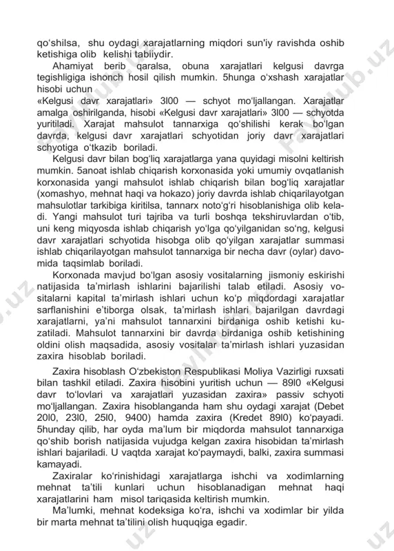 ri aniqlash uchun xarajatlarni davrlar bo‘yicha to‘g‘ri taqsimlash kerak bo‘ladi. bunday holat gazeta va jurnallar uchun korxonalar obunasi davrida, shuningdek, yangi mahsulot ishlab chiqarish bilan bog‘liq xarajatlar sarflangan davrda yuzaga keladi. ma’lumki, korxonalar obunani yilning oxirgi oylarida amalga oshiradilar, obuna to‘lovlari ham shu oylarda to‘lanadi. vaholanki, obuna kelgusi yilning l2 oyi uchun mo‘ljallangan. 5huning uchun ham obuna to‘lovlarini kelgusi yil l2 oyi uchun taqsimlab chiqish tegishli davr xarajatlariga qo‘shish maqsadlidir. agar to‘langan obuna haqlari shu to‘langan oydagi xarajatlar tarkibiga birdaniga qo‘shilsa, shu oydagi xarajatlarning miqdori sun'iy ravishda oshib ketishiga olib kelishi tabiiydir. ahamiyat berib qaralsa, obuna xarajatlari kelgusi davrga tegishligiga ishonch hosil qilish mumkin. 5hunga o‘xshash xarajatlar hisobi uchun «kelgusi davr xarajatlari» 3l00 — schyot mo‘ljallangan. xarajatlar amalga oshirilganda, hisobi «kelgusi davr xarajatlari» 3l00 — schyotda yuritiladi. xarajat mahsulot tannarxiga qo‘shilishi kerak bo‘lgan davrda, kelgusi davr xarajatlari schyotidan joriy davr xarajatlari schyotiga o‘tkazib boriladi. kelgusi davr bilan bog‘liq xarajatlarga yana …