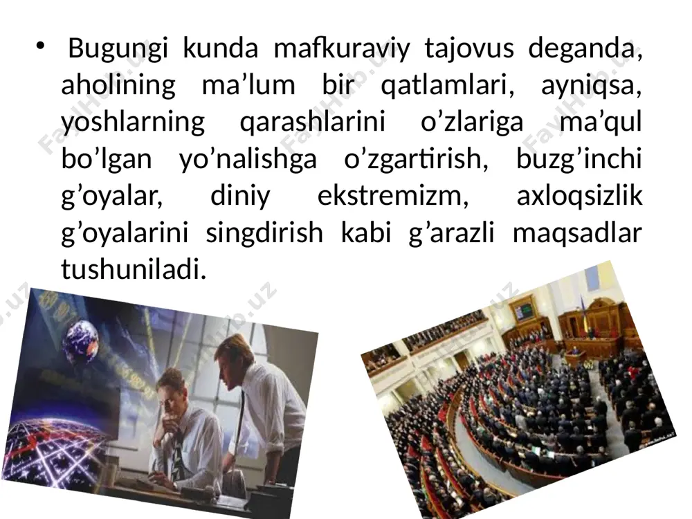 ayotgan bo’lsa, shu bilan bab-barovar qarama-qarshi tomonga manaviy qadriyatlar tanazzulga yuz tutib borayotganga o’xshaydi.globallashuv keltirgan moddiy farovonlik, asosan “tanga roxat berish” ga xizmat qilayotganday. bugungi taraqqiyot bizga inom etgan nematlar haqida bir o’ylab ko’raylik. zamonaviy axborot texnologiyalari, suniy yo’ldoshning imkoniyatlari, internet va xokozo. bizdan yana shu narsa talab qilinadiki kelajakdagi turmush tarzimizni g’arb davlatlari singari emas, aksincha “sharqona mentalitet”, qadriyatlarimiz, boy tariximiz, urf-odat va ananalarimiz asosida qurishimiz zarur. shundagina biz manaviyatni yuksak, madaniyati yuqori, eng rivojlangan o’zbekistonning asl farzandlari bo’lib qolamiz. axborot xavfsizligi deganda tabiiy yoki sun’iy xarakterdagi tasodifiy yoki qasddan qilingan ta’sirlardan axborot va uni qo‘llab-quvvatlab turuvchi infrastukturaning himoyalanganligi tushuniladi. bunday tа’sirlar ахbоrоt sоhаsidаgi munоsаbаtlarga, jumladan, axborot egalariga, axborotdan foydalanuvchilarga va axborotni muhofaza qilishni qo‘llab quvvatlovchi infrastrukturaga jiddiy zarar yetkazishi mumkin. axborot xavfsizligi – bu uzatiluvchi, yig‘iluvchi va saqlanuvchi axborotning xususiyati (holati) bo‘lib, uning tashqi muhit (inson va tabiat) va ichki tahdidlardan himoyalanganlik darajasini xarakterlaydi. axborotni muhofaza qilish keng …