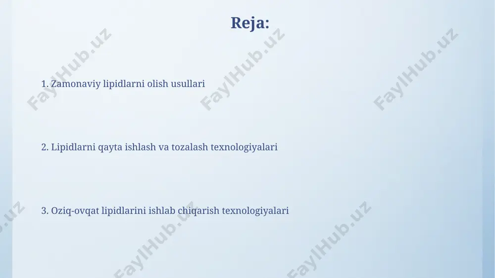 i hisoblanadi, bu esa, masalan, palm yog'ini 3 ta asosiy fraksiyaga ajratish imkonini beradi, shu jumladan, gollandiya texnologiyalarini qo'llab. emulsifikatsiya va mikrokapsulatsiya suvli fazada yog' tomchilarining o'rtacha diametri 1-10 mkm bo'lgan emulsiyalarni yaratish uchun, yuqori bosimli gomogenizatorlar, masalan, fransiyada ishlab chiqarilganlar, emulsifikatsiya samaradorligini oshirish uchun ishlatiladi. emulsifikatsiya jarayoni yog' va suvning aralashmasini barqarorlashtirish uchun, 0,5-2% miqdorida lesitin (soya yoki kungaboqar) kabi emulsifikatorlarni qo'shishni o'z ichiga oladi va bu jarayonlarni optimallashtirish uchun hindistondan keltirilgan maxsus texnologiyalar qo'llaniladi. xavfsizlik va gigiena standartlari oziq-ovqat yog'lari ishlab chiqarishda xavfsizlikni ta'minlash uchun, xodimlar yiliga kamida 2 marta, iso 22000 standarti bo'yicha maxsus o'qitishdan o'tishlari va toshkent shahridagi akkreditatsiyadan o'tgan markazlarda sertifikat olish kerak. samarqand viloyatidagi zavodlarda yog'larni saqlash uchun harorat +15°c dan +25°c gacha bo'lgan sharoitlarni ta'minlash va namlik darajasini 60% dan yuqori bo'lmasligi kafolatlanishi kerak. rafinatsiya jarayonlari toshkentdagi yog‘ni qayta ishlash korxonalarida, degummatsiyani amalga oshirishda ph darajasi 6,0-6,5 oralig‘ida saqlanadi, bu esa yog‘ning sifatini …