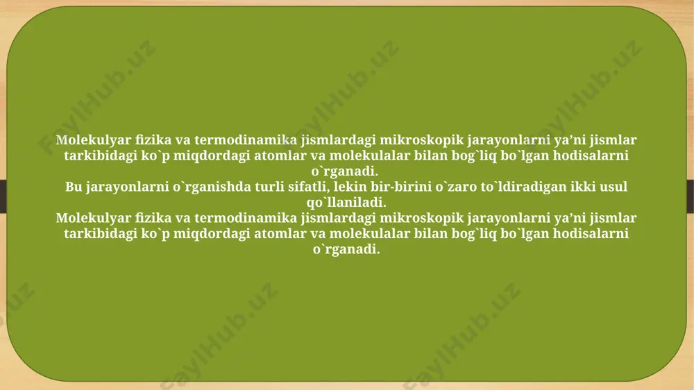 i. тartibsiz harakatlanayotgan gaz molekulalari idish devoriga ma’lum kuch bilan uriladi. birlik yuzaga kelib urilgan molekulalarning ta’sir kuchlari yig`indisi bosimni hosil qiladi. bu bosimni ifodalovchi tenglamaga gazlar kinetik nazariyasining asosiy tenglamasi deyiladi. bu tenglamani keltirib chiqarish uchun qirralari  bo`lgan kub shaklidagi idishi olamiz. uning ichida bir hil m massali n ta molekula joylashgan bo`lsin. molekulalar faqat o`zaro perpendikulyar 3 ta yo`nalishda harakatlanadi deb faraz qilamiz. idishning yuzalari va bosim hamma yerda bir hil bo`lgani uchun yuzalarga tomon yo`nalgan molekulalarning soni bir hil bo`lib n/ ga teng . har qaysi qarama- qarshi devorlarga tomon yo`nalgan molekulalar soni n1=1/3 n. molekula  tezlik bilan devorga tik yo`nalgan bo`lsa, devorga urilgandan so`ng uning impulsini o`zgarishi m-(- m)=2 m (10) ma’lumki impulsni o`zgarishi kuch impulsiga teng. f t=2 m (11) bunda f- molekulani devorga ta’sir kuchi. hisoblashlar gaz bosimi uchun quyidagi ifoda o`rinli ekanligini ko`rsatadi. (12) bunda xajm birligidagi molekulalar soni - molekulalarning …