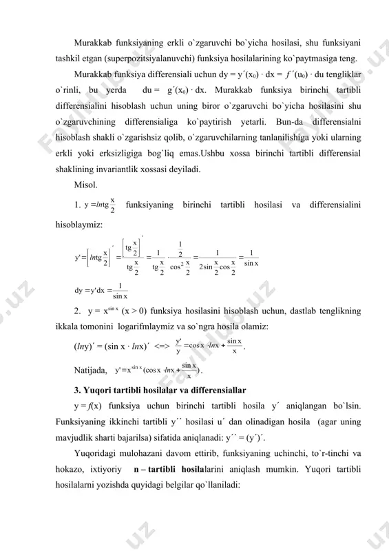 (sin2x)( = 2sin x(sinx)( = 2sin x cos x = sin2x, y(( = (sin 2x)(= = 2cos2x, y((( = (2cos2x)( = - 4sin2x va hokazo. quyida keltirilgan ba`zi funksiyalarning yuqori n – tartibli hosila-lari uchun tegishli formulalarni olish va ularni jadval holida yig`ish mumkin: f (x) f (n)(x) xp p(p-1)(p-2)…(p-n+1)xp-n ex ex ekx knekx lnx sin kx kn sin(kx+ ) cos kx kn sin(kx+ ) y = f (x) funksiyaning yuqori tartibli differensiallari ham ketma – ket ravishda, mos hosilalari kabi aniqlanadi: d2y = d(dy) – ikkinchi tartibli differensial; d3y = d(d2y) – uchinchi tartibli differensial; . . . . . . . . . . . . . . . . . . . . . . . . . . . . dny = d(dn -1y) - n-tartibli differensial. agar y = f (u) funksiya berilgan bo`lib, u erkli o`zgaruvchi yoki x ning chiziqli u = kx + …