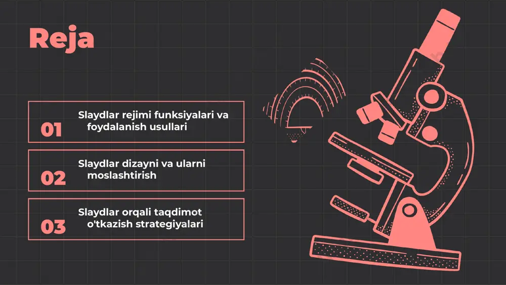 g. shuningdek, slaydlar ro'yxatidan kerakli slaydga bosish orqali tezda o'tishingiz mumkin. slaydlarni ko'rish uchun "namoyish qilish" rejimidan foydalaning. agar tahrir qilish zarur bo'lsa, slaydni tanlab, ustki menyudagi "tahrirlash" opsiyasidan foydalaning. 01 02 03 slaydlar rejimi uchun foydali maslahatlar samarali maslahatlar 1. slaydlarni tayyorlashdan oldin maqsad va auditoriyani aniqlang. 2. har bir slaydda muhim ma'lumotlarni qisqacha yozing. 3. vizual materiallardan foydalaning, bu e'tiborni jalb qiladi. 4. prezentatsiya davomida vaqtni kuzatib boring. dizayn va tartib prezentatsiya dizayni oddiy va toza bo'lishi kerak. ranglar va shriftlar bir-biriga mos kelishi lozim, shunda ma'lumotlar oson o'qilishi mumkin. xatolardan qochish prezentatsiya oldidan slaydlarni bir necha marta ko'rib chiqing va tayyorgarlik ko'ring. auditoriya bilan muloqot qilishda moslashuvchan bo'lish, savollarga javob berishda tayyor bo'ling. slaydlar rejimiga oid misollar 1. slaydlar rejimida animatsiyalardan foydalanish: masalan, prezentatsiya davomida muhim ma'lumotlarni ajratib ko'rsatish uchun animatsiyalarni qo'llash. 2. auditoriya bilan aloqani oshirish: slaydlar orqali savollar berish va interaktiv elementlardan foydalanish, auditoriyani faol …