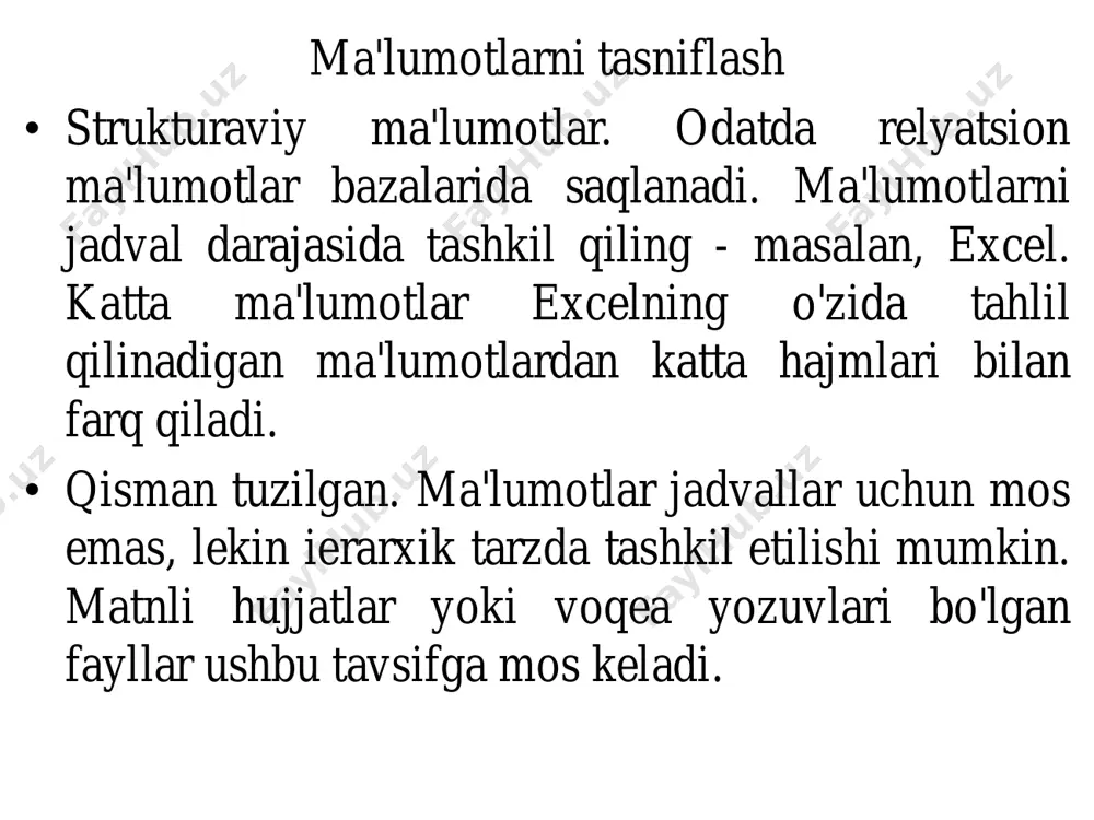 ntsipi mavjud: • gorizontal masshtablash. tizim kengayishi kerak. agar ma'lumotlar hajmi oshgan bo'lsa, serverlarni qo'shish orqali klasterning kuchini oshirish kerak. • xatolarga chidamlilik. qayta ishlash juda ko'p hisoblash quvvatini talab qiladi, bu esa nosozliklar ehtimolini oshiradi. katta ma'lumotlar doimiy ravishda real vaqtda qayta ishlanishi kerak. • hudud. klasterlar ma'lumotlarning joylashishi printsipidan foydalanadilar - qayta ishlash va saqlash bitta mashinada amalga oshiriladi. ushbu yondashuv serverlar o'rtasida ma'lumot uzatish uchun quvvat sarfini kamaytiradi. • katta ma'lumotlarni tahlil qilish: veb-resurs ishlab chiqarishdan tahliliy vizualizatsiyagacha • ma'lumotlarni qidirish - bu tasniflash, modellashtirish va prognozlash uchun yondashuvlar to'plami. • tahlil matn, tasvir, audio va video ma'lumotlar bo'lishidan qat'i nazar, har xil turdagi ma'lumotlarni olishni o'z ichiga olishi mumkin. alohida-alohida, internet va ijtimoiy tarmoqlar bilan ishlaydigan veb-mayning va ijtimoiy media konlari mavjud. relyatsion ma'lumotlar bazalari saqlangan ma'lumotlarni yaratish, o'zgartirish va olish uchun mos bo'lgan sql dasturlash tilidan foydalanadi. neyron tarmoqlar. o'qitilgan neyron tarmoq juda katta hajmdagi …