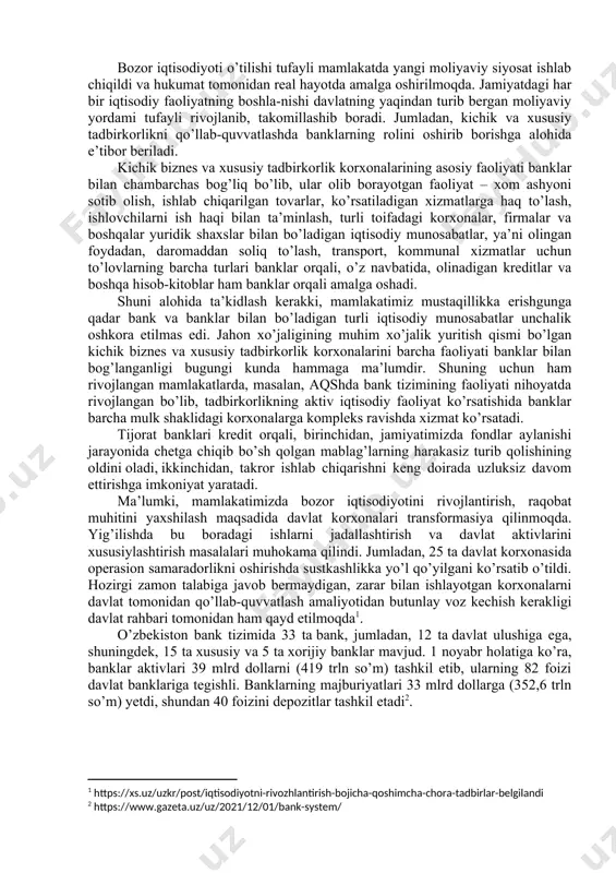 zilmalar. ijtimoiy-amaliy markaz – ish bilan band bo’lmagan aholi va ishsizlar o’rtasida kichik tadbirkorlikni rivojlantirish orqali yangi ish o’rinlarini yaratish bilan shug’ullanuvchi, odatda bandlik markazlari qoshida tashkil etiluvchi tuzilma. texnopark – o’z hududida kichik innovasion korxonalarni yaratish va rivojlantirish orqali ilmiy salohiyatdan foydalanish va ishlab chiqilgan texnologiyalarni tijoratlashtirish maqsadida tashkil etiluvchi tuzilma. biznes-markaz – tadbirkorlar va biznesmenlarga servis xizmatlari ko’rsatuvchi tuzilma. konsalting – bu ishlab chiqarishga ish yuzasidan xizmat ko’rsatish sohasida ixtisoslashgan firmalarning o’z mijozlariga maslahat xizmati ko’rsatish va texnikaviy loyihalarni ekspertiza qilish bilan bog’liq iqtisodiy faoliyat. auditorlik kompaniyasi – bu turli yo’nalishdagi firmalarning bozor va biznes sohasidagi imkoniyatlarini aniqlab beruvchi moliya-xo’jalik faoliyatini yalpi taftishi bilan shug’ullanuvchi muassasa. sug’urta kompaniyasi – sug’urtalovchi rolida maydonga tushuvchi, ya’ni sug’urta hodisasi ro’y bergan chog’da sug’urtalangan shaxsning zararlarini qoplash majburiyatini o’ziga oluvchi tashkilot. buning natijasida kichik biznes va xususiy tadbirkorlik subyektlarining mamlakatimizda yangi ish o’rinlarini tashkil qilish, aholining daromadlari va farovonligini oshirishning muhim omili …