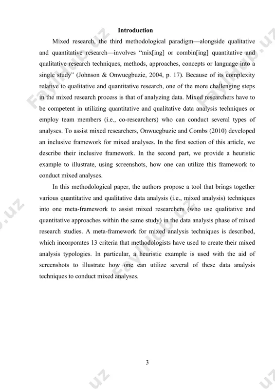 teddlie, tashakkori, & johnson, 2008; west & tulloch, 2001) and chapters in seminal mixed research books (e.g., bazeley, 2009, creswell & plano clark, 2007, 2010; greene, 2007; johnson & christensen, 2008; rao & wolcock, 2003; tashakkori & teddlie, 1998; teddlie & tashakkori, 2009; todd, nerlich, mckeown, & clarke, 2004). these articles and book chapters have been instrumental in providing mixed analysis strategies for mixed researchers. however, these strategies typically have been presented in an isolated manner as standalone techniques with little or no interaction with other mixed analysis techniques. indeed, as surmised by greene (2008), to date, despite the extensiveness of the field of mixed analysis, “this work has not yet cohered into a widely accepted framework or set of ideas” (p. 14). as such, it is clear that an integrated, interactive framework is needed that provides mixed researchers with a map of the mixed- analytical landscape[footnoteref:1]. [1: bazeley, p. …