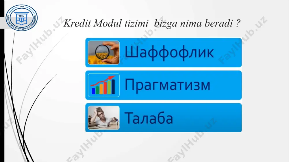 ik darajasini tasdiqlaydigan diplom beriladi. (824-sonli o’zbekiston respublikasi vazirlar mahkamasi qarori 9 bob) 1 kredit qancha? shartnoma miqdori ( 1 yil uchun ) (kontrakt summa) yillik yuklama uchun (1 yil uchun) (kredit miqdori) o’qish to’lovi misol tariqasida:calculus (hisoblash) {4 kredit} - rus tili 120 soat = rus tili fani yuklamasi 14.000.000/48 = 291,666 so’m (1 kredit summasi) 291,666*4= 1.166.664 so’m e’tiboringiz uchun raxmat image1.png image2.jpg image3.png image4.png /docprops/thumbnail.jpeg