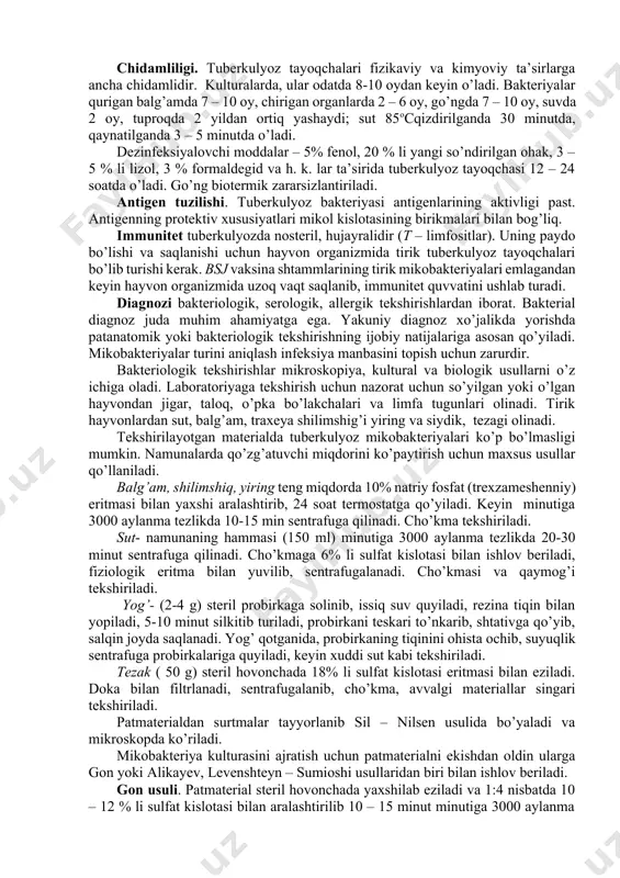 unda yana 1 soat saqlanadi. 500c gacha sovutilgan aralashmaga 8 ta tuxum va 2 ta tuxum sarig’i, 24 ml gliserin hamda 20 ml steri 2% li malaxit yashili qo’shiladi. yaxshilab aralashtirilib, ikki qavatli dokali filtrdan o’tkazib filtrlanadi va probirkalarga quyib sterillanadi. gelberg muhitini tayyorlash uchun munchoq solingan kolbaga 6 ta tuxum chaqib solinadi va 4 ta tuxum sarig’i qo’shiladi. yaxshilab aralashtirib unga 100 ml sut, qaynatilgan kartoshka suvi, tuzli eritma va 7,5 ml malaxit yashili eritmasi qo’shiladi, yaxshi aralashtirib, probirkalarga quyiladi va sterillanadi. sut, kartoshka qaynatmasi, tuzli eritma oldindan tayyorlab qo’yiladi. tuzli eritmani tayyorlash uchun ikki asosli kaliyfosfat, limon kislotasining natriyli tuzi,,magniy sulfat 1 g dan olinadi, 6 g pepton, 30 ml gliserin, 1000 ml distillangan suv. eritma filtr qog’ozda filtrlanib, sterillanadi. levenshteyn-iyensen muhiti uchun munchoqli kolbaga tuxum chaqiladi va yaxshilab aralashtiriladi. 1litr tuxum massasiga 600 ml tuzli eritma, 20ml 2% li steril malaxit yashili eritmasi qo’shiladi. yaxshi aralashtirib, probirkalarga …