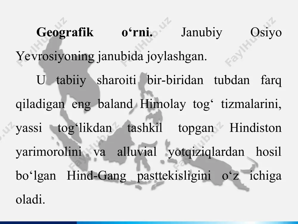 i tar cho‘lida yiliga 100 — 150 mm yog‘in yog‘adi. hind-gang pasttekisligida musson iqlimli o‘rmonlar kam uchraydi. gang va braxmaputra deltasida qalin mangrazorlar va doimiy yashil o‘rmonlar bor. g‘arbiy qismida sho‘rxok va qumli cho‘llar mavjud. hindiston yarimoroli. hindiston yarimorolining asosi eng qadimgi hind platformasidan iborat. yer yuzasining katta qismi qadimgi kristall jinslardan tuzilgan. qazilma boyliklardan temir va marganes rudalari, oltin, olmos, grafit, ko‘mir va neft konlari bor. eng baland joyi yarimorolning janubida joylashgan anaymudi tog‘idir (2 698 m). yarimorolning g‘arbida dengiz qirg‘og‘i bo‘ylab katta masofaga cho‘zilgan g‘arbiy gatt tog‘lari va sharqida sharqiy gatt tog‘lari mavjud. hindiston yarimorolining iqlimi subekvatorial musson iqlim. yanvarning o‘rtacha harorati +26 °c, iyun oyida +40 °c dan oshadi. g‘arbiy gatt tog‘larida doimiy yashil nam tropik o‘rmonlar, markazida savanna o‘rmonlari va savannalar, daryo deltalarida mangra o‘rmonlari tarqalgan.