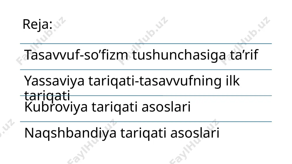 l bajarish. chunki shariat qonun bo’lib, bu qonun vujudni va qalbni tozalaydi. tariqat-nafsni tiyish, xushnudlik, xilvat, ma’naviy muhabbatni chuqurlashtirib, xudo haqida o’ylash, ya’ni tariqat-fano, o’zdan kechish, ko’ngilni poklab, ruhni nurlantiruvchi faoliyat shakli. ma’rifat-hamma narsaning, butun borliqning asosi xudo ekanligini, o’zining mohiyati bilan birligini bilish va anglash. bu bosqichda u orif, ya’ni bilimli, xudoni tanigan odam bo’ladi. haqiqat-bunda so’fiy xudoning dargohiga erishadi, vasliga vosil bo’ladi, u bilan yuzlashadi. ilk tasavvuf ilmining vujudga kelishi tasavvuf adabiyotining yozma manbalariga ko‘ra, sahobalardan to‘rt roshid xalifa, abu dardo, abu zarr, huzayfa (r.a.) kabilar birinchi so’fiylar edi. ko‘pgina so’fiy tariqatlari o‘zlarining silsilalarini payg‘ambar sahobalaridan biriga va ilk to‘rt xalifaga, ko‘pincha abu bakr (r.a.)ga qadar yetkazadilar. tasavvufning mafkuraviy–diniy asosi, shubhasiz, qur’oni karim ma’nolari ustida chuqur mulohaza yuritish, buyuk kitobning botiniy ma’nolarini qidirish an’anasini yuzaga keltirdi. hasan al–basriy hissiy yo‘l bilan haqiqatni izlash sufiylarni inson ruhining eng nozik harakatlari, ichki iztiroblar, diniy haqiqatlarni anglash va chuqur tahlil qilishga …