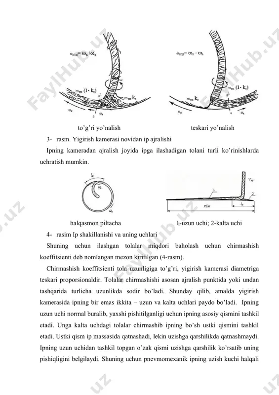 tez almashtirish mumkin. bundan tashqari aero ulash qo’llanishi natijasida uloq uzunligi qisqargan (6-rasm b). a b 6-rasm.magnit yuritma a), aero ulash natijasi b) savio s.p.a. flexirotors 3000 mashinasining xususiyatlaridan biri shundaki, undagi mavjud e.p.b.(electronic package building) qurilmasi yordamida ip o’ramlari o’lchamlarini o’zgartirib iste‟molchi talablarini darhol qondirish mumkin (7-rasm, a). ushbu mashinaning yigirish kameralarini harakatga keltirish uchun qo’shaloq disklar qo’llaniladi (7-rasm, b). a b 7-rasm. ip o’ramlari o’lchamlarini o’zgartirish a), qo’sh diskli yuritma b) foydalanilgan adabiyotlar: 1. g’afurov j.q., yigirish texnologik jarayonlarining xususiyatlarini inobatga olib ipning mexanik ko’rsatkichlarini prognoz qilish va baholash, doktorlik dissertatsiyasi avtoreferati, toshkent-2016 2.pirmatov a.p.va boshqalar, yigirish texnologiyasi, leksiyalar matni, ttesi, 2015y.; 3.hwanki lee, yigirish jarayonlari sifat nazorati va to’qimadagi nuqsonlarning oldini olish, thinkbook company, seoul, korea, 2015 4. www.rieter.com, r35 va r60 mashinalari pasportlari; 5. autocoro-8 mashinalari pasportlari. urchuqsiz yigirish usullari pishitish va o‟rashni ajratib soxta buram qo‟llab o‟zi pishituvchi ikki v ‟ yurokli pnevmatik gidravlik elektrostatik …
