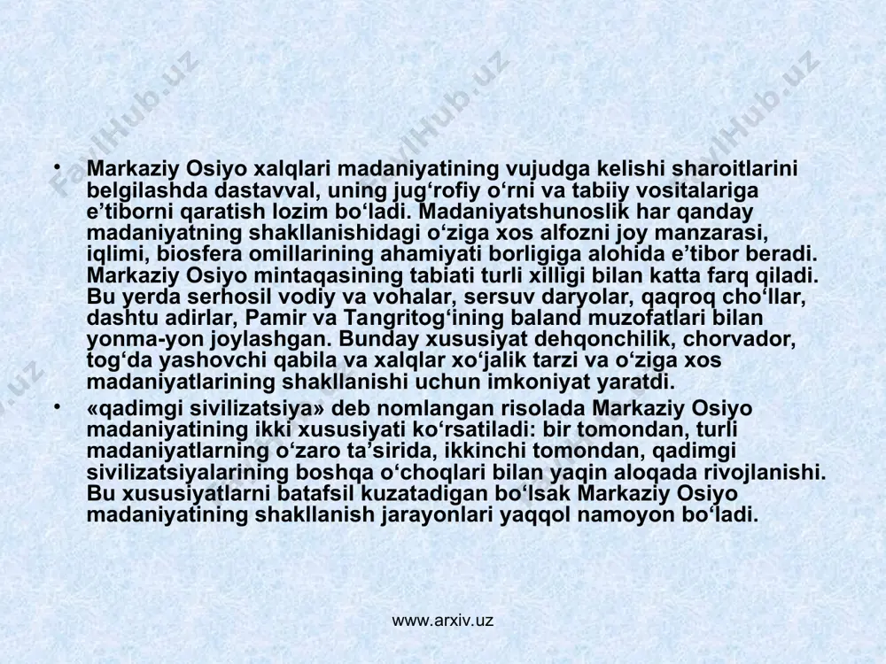huningdek, an’analarning mustahkam hukmronligi tarixiy vaziyatga ham to‘sqinlik qilganligini ta’kidlash kerak. mintaqa orqali katta bosqinchilik yurishlari, xalqlarning ko‘chishlari yuz bergan bo‘lib, bu markaziy osiyo xalqlarining tarixi davomida bir necha bor madaniyatni sezilarli o‘zgarishlarga olib keldi. afsuski, ko‘pgina urushlar markaziy osiyo madaniyatining qadimgi taraqqiyot davrlarining behisob dalillarini yo‘q qildi. arxeolog qazilma ma’lumotlar va yozma manbalar miloddan avvalgi i-ming yillik boshlarida vujudga kelgan markaziy osiyoning ilk davlatlari baqtriya, sug‘d va xorazm madaniyati haqida bir oz ma’lumotlar beradi. miloddan avvalgi viii-vi asrlarga oid afrosiyob (samarqand), surxondaryo vohasidagi qiziltepa, qashqadaryo vohasidagi uzunqir, xorazmdagi ko‘ziliqir kabi qadimgi shaharlarda o‘tkazilgan tadqiqotlar murakkab ijtimoiy tuzilma va madaniyatning yuqori rivojlanganligini ko‘rsatadi. bu shaharlar mudofa devorlari va suv ta’minotidan iborat kuchli istehkom tizimiga ega bo‘lib, ichida hunarmandlar mavzei joylashgan. ayrim shaharlarda saroy qoldiqlari qal’alar topilgan. qadimgi davlatlar xo‘jaligining asosiy sohasi hisoblangan dehqonchilik taraqqiyotining darajasi haqida ko‘p tarmoqli sug‘orish tizimining mavjudligi bunga dalildir. markaziy osiyo davlatlari qadimgi sharq mamlakatlari bilan …