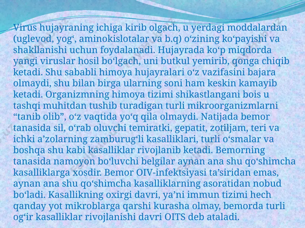 irilmoqda. prezidentimizning 2008 yil 26 dekabrdagi qarori respublikamizda oiv-infektsiyasining tarqalib ketishiga qarshi kurashga qaratilgan keng qamrovli, muhim hujjatlardan biridir. mazkur qarorda oivga qarshi kurashning yagona tizimini tashkil qilish, oiv-infektsiyasining oldini olish va bu kasallikdan himoya qilish yuzasidan o‘tkazilayotgan chora-tadbirlarning samaradorligi va sifatini oshirish, oivga qarshi kurash markazlarining moddiy-texnika bazasini yaxshilash, oivga qarshi kurashda faoliyat ko‘rsatayotgan tibbiyot xodimlarini moddiy rag‘batlantirishni ta’minlashga alohida e’tibor qaratilgan. oiv kasalligining tarqalib ketishiga qarshi kurash sohasida davlat, jamoatchilik, xalqaro va xorijiy tashkilotlarning yanada yaqinroq hamkorligini ta’minlash maqsadida oiv kasalligining tarqalib ketishiga qarshi tadbirlarni muvofiqlashtiruvchi respublika komissiyasi tarkibi va nizomi tasdiqlanib, bu komissiyaning asosiy vazifalari, vakolati va mas’uliyati belgilangani ham hayotiy ahamiyat kasb etayotir. prezidentimiz qarori ijrosini ta’minlash maqsadida 2009 yil 5 yanvarda vazirlar mahkamasining “oitsga qarshi kurash markazlarining tashkiliy tuzilmasini va faoliyatini takomillashtirish chora-tadbirlari to‘g‘risida”gi qarori qabul qilindi. mazkur qaror bilan respublika va hududiy oitsga qarshi kurash markazlarining yangi tuzilmasi, “2009-2011 yillarda o‘zbekiston respublikasida oiv-infektsiyasi tarqalishi …