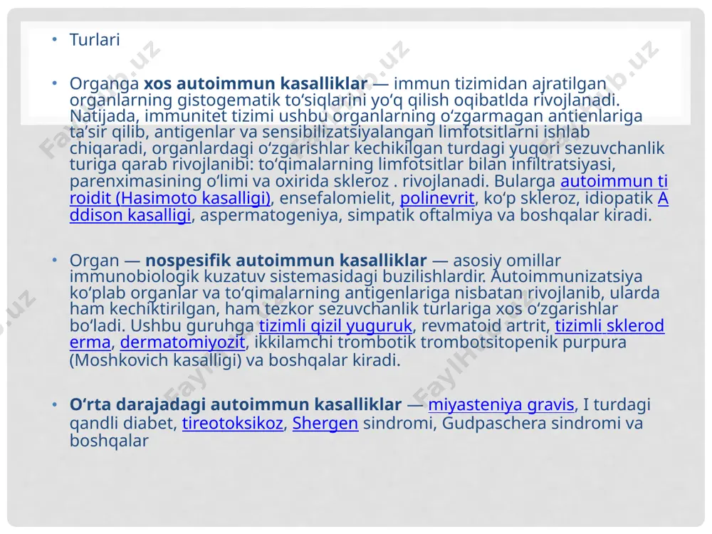 i: ikkala organizm ham oʻzaro antagonistik munosabatda boʻladi. bundan tashqari, parazit—xoʻja-yin munosabatlari organizmda immunobiologik reaksiyalarni keltirib chiqaradi. parazitlar ta’siri zamonaviy jamiyatda gijjalar hali ham keng tarqalgan. gijjalar ayniqsa bolalar, ovchilar, baliqchilar va ularning oilalarida, shuningdek, qishloq joylarda yashovchi kishilarda ko’p uchraydi. taxmin qilinishicha, dunyoda hayoti davomida biron marta gijjasi bo’lmagan kishi yo’q, har bir kishi hech bo’lmaganda bir marta zararlanadi. ta’siri organizmga kira olgan mikroorganizmlar yoki toksinlar tugʻma immun sistemasining hujayralari va mexanizmlari bilan toʻqnashadi. tugʻma javob odatda mikroblar qolip tanuvchi retseptorlar (ingl: pattern recognition receptors — mikroorganizmlarning koʻplab guruhlarida uchraydigan oʻxshash qismlarni tanish) tomonidan tanilganda[17] yoki shikastlangan yoki stressga uchragan hujayralar ogohlantirish signallarini yuborganda boshlanadi[18]. tugʻma immunitet himoyasi spetsifik emas, yaʼni bu tizimlar patogenlarga umumiy usulda javob qaytaradi.[19] bu immun sistemasi patogenga qarshi uzoq muddatli immunitetni taʼminlamaydi. tugʻma immun sistemasi koʻpchilik organizmlarda xoʻjayin himoyasining dominant[2] va oʻsimliklarda yagona sistemadir.[2 ta’siri odamdan odamga. parazit yuqishining bu mexanizmi yuqori samaradorlikka ega. …