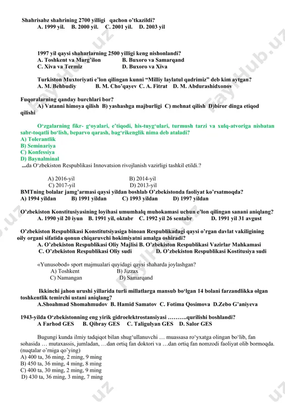 himoya qiladigan tizim nima? a) siyosiy partiyalar; b) sud-huquq tashkilotlari; c) ommaviy axborot vositalari; d) mahalla. 1989 yil 21 oktabrda respublika oliy kengashi tomonidan qabul qilingan hujjatni aniqlang? a. mustaqillik deklaratsiyasi; b. «o’zbekistonning davlat tili haqida» gi qonun; c. «o’zbekistonning davlat ramzlari to’g’risida» qaror; d. umumxalq referendumini o’tkazish to’g’risida farmon; ”kadrlar tayyorlash milliy dasturi” nechta bosqichdan iborat? a. ikkita b. uchta c. to’rtta d. oltita shahrisabz shahrining 2700 yilligi qachon o’tkazildi? a. 1999 yil. b. 2000 yil. c. 2001 yil. d. 2003 yil 1997 yil qaysi shaharlarning 2500 yilligi keng nishonlandi? a. toshkent va marg’ilon b. buxoro va samarqand c. xiva va termiz d. buxoro va xiva turkiston muxtoriyati e’lon qilingan kunni “milliy laylatul qadrimiz” deb kim aytgan? a. m. behbudiy b. m. cho’qayev c. a. fitrat d. m. abdurashidxonov fuqoralarning qanday burchlari bor? a) vatanni himoya qilish b) yashashga majburligi c) mehnat qilish d)biror dinga etiqod qilishi o‘zgalarning fikr- …