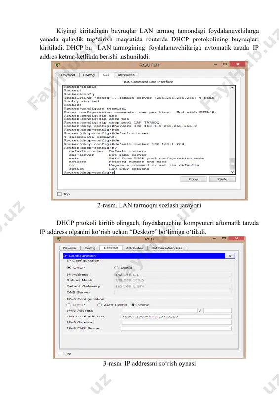 koʻrish uchun “desktop” boʻlimiga oʻtiladi. 3-rasm. ip addressni koʻrish oynasi routerga komandalarni kiritilgandan soʻng lan tarmoq bilan internet orasida olaqa borligini, foydalanuvchi kopyuteridan paket yuborish orqali tekshirib koʻrish mumkin. 4-rasm. tarmoqni tekshirish jarayoni foydalanuvchi kompyuteridan paket yoborilib swichdan, routerdan oʻtib serverga yetib borib, yana paketning qaytib kelish holati quydagi rasmlarda koʻrsatilgan (6.6, 6.7, 6.8- rasmlar). 5-rasm.paket yuborilish holati 6-rasm. paketning qabul qilinishi 7-rasm. paketning qayta aloqasi laboratoriya ishi boʻyicha topshiriqlar berilgan variantlar boʻyicha katta oʻlchamdagi tarmoqni loyihalang № topshiriq nomi № topshiriq nomi 1. 1 2 ta kommutator, 2 ta server, 30 ta kompyuter, 1 ta marshrutizator 2. 8 5 ta kommutator, 2 ta server, 13 ta kompyuter, 1 ta marshrutizator 3. 2 3 ta kommutator, 1 ta server, 25 ta kompyuter, 3 ta marshrutizator 4. 9 4 ta kommutator, 3 ta server, 14 ta kompyuter, 2 ta marshrutizator 5. 3 3 ta kommutator, 3 ta server, 15 ta kompyuter, …