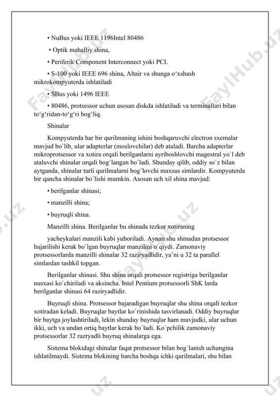 . shu shina orqali protsessor registriga berilganlar nusxasi ko`chiriladi va aksincha. intel pentium protsessorli shk larda berilganlar shinasi 64 raziryadlidir. buyruqli shina. protsessor bajaradigan buyruqlar shu shina orqali tezkor xotiradan keladi. buyruqlar baytlar ko`rinishida tasvirlanadi. oddiy buyruqlar bir baytga joylashtiriladi, lekin shunday buyruqlar ham mavjudki, ular uchun ikki, uch va undan ortiq baytlar kerak bo`ladi. ko`pchilik zamonaviy protsessorlar 32 razryadli buyruq shinalarga ega. sistema blokidagi shinalar faqat protsessor bilan bog`lanish uchungina ishlatilmaydi. sistema blokining barcha boshqa ichki qurilmalari, shu bilan birga unga ulangan qurilmalar bir - birlari bilan o`zaro shinalar yordamida bog`langan. kompyuterlarning so'nggi modellarida ishlatiladigan tashqi xotira qurilmalari (ularning qurilishi, ko'rsatkichlari va xususiyatlari) tashqi xotira – shunday xotiraki, u tashqi ko`rinishidan sistema platasiga o`xshash bo`lib, axborotlarni o`zida uzoq vaqt saqlash uchun mo`ljallangan har xil printsiplarda saqlovchi va har xil turdagi tashuvchi qurilmalardir. shu bilqan birga, tashqi xotirada kompyuterning barcha dasturiy ta’minotlari saqlanadi. tashqi xotira qurilmalari kompyuter sistema blokida joylashishi …