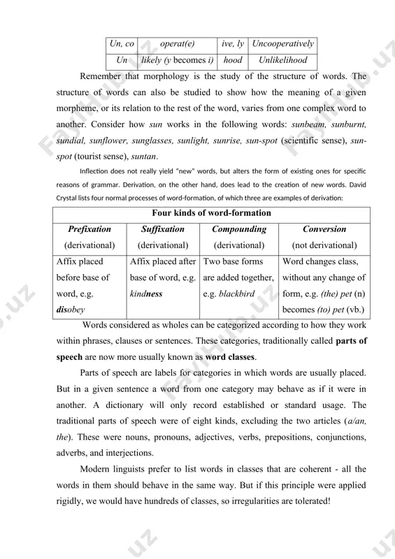 which no new words can normally be added. these are words (prepositions and conjunctions) which make connections (connectives or connectors), pronouns and words (including articles) like the, some, each that co-occur with nouns - these are called determiners. other classes of word are constantly being added to. each contains a vast number of terms already. they are open to new words being introduced. the open classes are nouns, verbs and the words which qualify them, adjectives and adverbs. these form the bulk of a language's vocabulary or lexis (also lexicon, though this sometimes refers to a published version). these classes may be called lexical whereas the closed-class words are structural or functional . these tables illustrate the two kinds of word class. closed word classes determiner pronoun preposition conjunction a, the, any, my, those, which she, them, who, that, himself in, across, at, by, near, within and, but, if, or, …