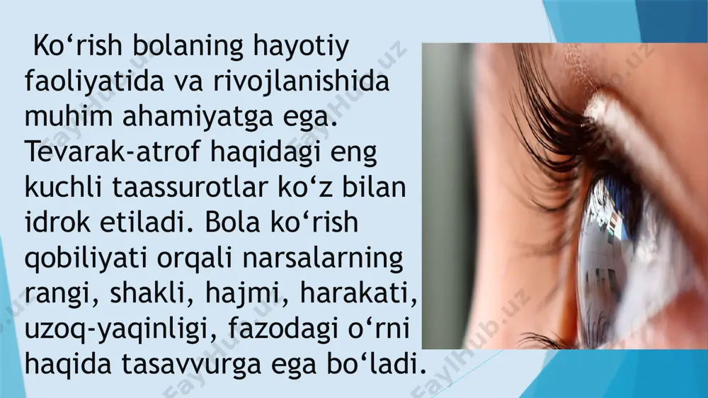 hi, tez harakatlar, og‘ir ko‘tarish, tana silkinishlaridan himoya qilinishi zarur. jarrohlik aralashuvi: ba'zi hollarda ko'rish nuqsonini tuzatish uchun jarrohlik aralashuvi zarur bo'lishi mumkin. dori-darmonlar: ba'zi ko'rish nuqsonlarini davolash uchun dori-darmonlar qo'llanilishi mumkin. ko'zoynak va kontakt linzalari: ko'zoynak va kontakt linzalari ko'rish qobiliyatini yaxshilashga yordam beradi. reabilitatsiya: rehabilitatsiya dasturlari ko'rish nuqsoniga ega bolalarning mustaqilligini oshirishga yordam beradi. davolash usullari erta tashxis qo'yish ko'rish nuqsonlarini erta aniqlash bolaning rivojlanishini yaxshilashga yordam beradi. moslashtirilgan ta'lim ko'rish nuqsoniga ega bolalar uchun moslashtirilgan o'quv materiallari va dasturlar taqdim etilishi kerak. ijtimoiy qo'llab-quvvatlash ko'rish nuqsoniga ega bolalarni jamiyatga integratsiyalash va ularni qo'llab-quvvatlash muhimdir. xulosa va tavsiyalar foydalanilgan adabiyotlar https://arxiv.uz/uz/documents/slaydlar/tibbiyot/ko-rishda-nuqsoni-bo-lgan-bolalar https://uz.wikipedia.org/wiki/albinizm https://uz.wikipedia.org/wiki/katarakta https://www.saif-optima.uz/uz/glaukomani-davolash/ https://med24.uz/uz/bolezn/trakhoma e’tiboringiz uchun raxmat! image1.png image2.png image3.png image4.png image5.png image6.png image7.png image8.png image9.png image10.png image11.png /docprops/thumbnail.jpeg