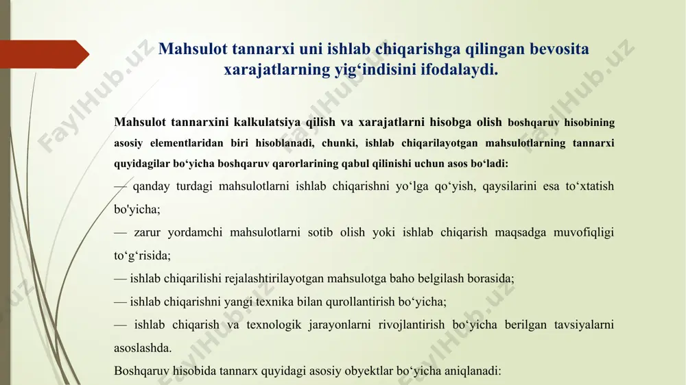 idir. uni tanlash mahsulotni tayyorlash xususiyatlari, nomenklatura kengligi, o'lchashda qo‘llanadigan birliklar, amaldagi andozalar va ishlab chiqiladigan mahsulotning texnik shartlariga bog‘liq bo'ladi. kalkulatsiya obyektlarini belgilashda ishlab chiqarilayotgan mahsulotlar turlariga muvofiq ularning nomi, yog‘lilik darajasi va idishning turiga qaraladi. masalan, bir metr sig‘imdagi qog‘oz idishdagi 3,2% yog‘lilikka ega sut, 0,5 metr sig‘imdagi polietilen idishdagi 20% yog‘lilikdagi smetana, 250 g oghrlikdagi o‘rama qog‘ozli yog‘sizlantirilgan tvorog va h.k. amaliy faoliyatda ishlab chiqarish korxonalari kalkulatsiya birliklaming quyidagi guruhlaridan foydalanadilar: — tabiiy birliklar — dona, kilogramm, tonna, metr, kub metr, kilovatt-soat va h.k.; — shartli-tabiiy birliklar — konservalar (quyultirilgan sut) 100 shartli bankalari va h.k.; — foydalaniladigan (ekspluatatsion) birliklar-quvvat, mahsul- dorlik va h.k; — ishlar birliklar!- tashib keltirilgan yukning bir tonnasi, yo‘l qoplamasining yuz metri va h.k.; — vaqt birliklari - mashina-kun, mashina-soat, norma-soat va h.k. 1 2 3 4 5 6 7 boshqaruv hisobi: korxonalarda mahsulot tannarxini kalkulyatsiya qilishning normativ, jarayonli, buyurtmali, to‘liq tannarx, maijinal …
