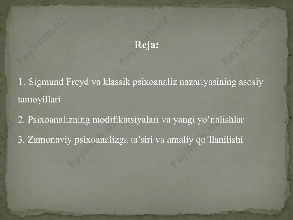 nazariyalari vaqt o‘tishi bilan turli izdoshlari tomonidan takomillashtirildi, o‘zgartirildi va tanqid qilindi. shuning natijasida psixoanaliz asosida bir nechta yangi maktablar va modifikatsiyalar yuzaga keldi. ulardan eng muhimlari karl jungning analitik psixologiyasi, alfred adlerning individual psixologiyasi va erik eriksonning psixososial rivojlanish nazariyasidir. karl jung va analitik psixologiya karl gustav jung — freydning yaqin izdoshi bo‘lgan, biroq keyinchalik uning nazariyalarini tanqid qilib, o‘z yo‘lini tanlagan olimdir. jungning asosiy e’tirozi — freyd ruhiyatni faqat jinsiylik bilan bog‘lashiga qarshi edi. jung inson psixikasini yanada kengroq, falsafiy va madaniy kontekstda ko‘rdi. jung psixikani ikki asosiy qismga ajratdi: shaxsiy ongsizlik – bu shaxsning o‘z hayotiga oid unutilgan, bosilgan tajribalari. kollektiv ongsizlik – bu esa insoniyatga xos bo‘lgan, avlodlar davomida shakllangan umumiy psixik tajriba. jung bu yerda arxetiplar tushunchasini ilgari surdi. arxetiplar – bu ongsizlikdagi doimiy, ibtidoiy timsollar bo‘lib, ular tushlarda, miflarda va diniy belgilar orqali namoyon bo‘ladi. masalan: ona arxetipi, qahramon, soyabon (soya), donishmand kabilar. jung …