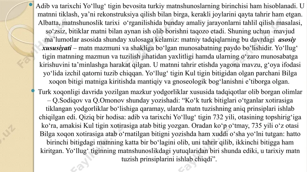 21):33+ (m-621) yilni aniq belgilashda hijriy yil oylarini bilish juda muhim. ma’lumki hijriy yil oylari bahorda boshlangani uchun milodiy yilga aylantirganda chalkashliklar chiqarishi mumkin. masalan, yuqoridagi ta’rix moddasiga ko‘ra 1471 yil chiqib turgan bo‘lsa-da, qit’ada aytilgan sha’bon oyi milodiy yilning qaysi pallasiga to‘g‘ri kelishini aniqlash kerak. buning uchun hijriy oylari tartibini bilish kerak bo‘ladi. hijriy yil oylari tartibi hijriy yil hisobiga ko‘ra bir oy taxminan 29,5 sutkaga teng. lekin qulay bo‘lishi uchun bir oy 30 kun deb, ikkinchi oy 29 kun deb qabul qilingan.shu tartibda islomda 6 oy 30 kundan, keyingi oy 29 kundan qilib taqsimlangan. bu quyidagilardir: muharram safar rabi ul-avval rabi us-soni jumod ul-avval jumod ul-oxir rajab sha’bon ramazon shavvol zulqa’da zulhijja abjad arab alifbosi 28 harfdan iborat. alifbodagi birinchi kelayotgan 9 ta harf birlik sonlarni ifodalaydi. shu tartibda o‘nliklar, yuzliklar va mingliklar keltiriladi. bu hisob “jumal hisobi” deb ham ataladi. (alif ) ( be ) (jim ) …