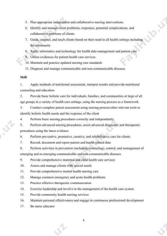 hcare settings · lead and manage nursing care services · engage in nursing education, research, and advocacy that will improve the nursing profession and services 5. specific objectives · apply the concepts and models of disease prevention and health promotion · apply methods of nutritional assessment, interpret results and provide nutritional counseling and education · demonstrate the ability to promote the health of populations by influencing lifestyle, nutrition, and socio-economic, physical, and cultural environment through methods of health promotion, including health education, directed towards populations, communities, and individuals · apply principles of diversity and provide culturally relevant service to all age groups · perform holistic nursing practices about current patient care information, professional practice standards, guidelines, rules, and regulations · provide a rationale for decisions and actions in matters related to the provision of care for clients · manage teamwork and collaborative performances across an array of functions · apply …