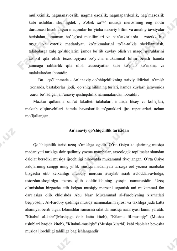 bi), "risolatun fi ilmil musiqiy" (musiqa ilmi haqida risola) asarlari bevosita musiqa ilmi, ijrochilik uslublari, mavjud kuy va ashulalar tahlili haqidadir. ix-x asr musiqa madaniyati tarixida o’rta osiyodan chiqqan buyuk olim abu abdulloh muhammad ibn yusuf al-kotib al- xorazmiyning "mafatixul-ulum" (ilmlar kaliti) etsiklopediyasining musiqa nazariyasiga bag`ishlangan qismida kuylar qatori xalq qushiqchilik ijodi namunalari tahliliga katta axamiyat berib o’ttan. keyinroq yashab ijod etgan olimlar — safauddin abdulmo’`min, mahmud bin ma`sud ash-sheroziy (xsh-x1l0 xuja abdulqodir marog`iy (xiv, "jamiul — alxon" "maqasidul-alxon" risolalar muallifi), al xusayniy, abduraxmon jomiy (xv) va kuplab musiqa ilmi olimlari risolalarida yanada rivojlantirildi. musiqa ilmining nazariyasi yaratilishida xalq qushiqlarining o’rni beqiyosdir. o’rta osiyo o’tmish musiqaixunos olimlari kuylar bilan birga ashulachilik muammolar ustida tahliliy muxokamalar olib borganlar. risolalar yaratilgan. o’tmishda xalqning ruhyy kechinmalari; shodlik, xursandchilik, qaygu - xasrat, iztiroblar - xalq ijodining namunasi bulmish - qo’shiqlarni dunyoga keltirdi, takomillashtirdi. qo’shiqchilikdagi bu turli ijro yo’nalishi namunalari — · maishiy ashulalar · …