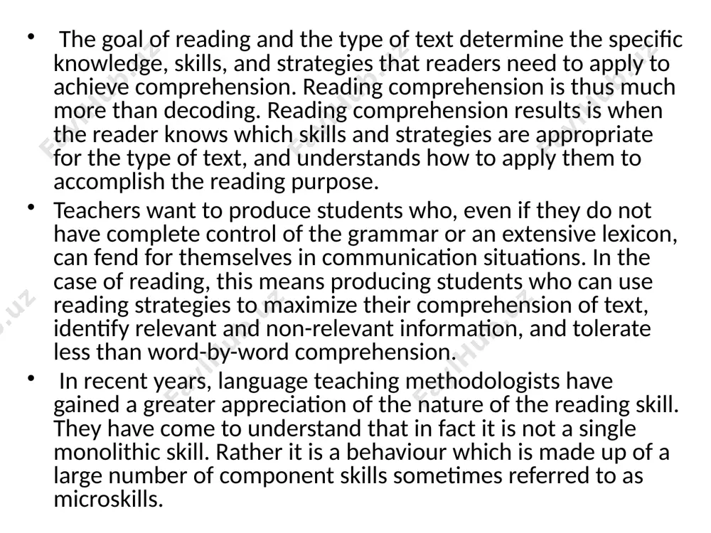 , memorises the spelling of words, the meaning of words and word combinations. the more the pupil reads the better his retention of the linguistic material is. reading helps them to acquire speaking and writing skills as well. reading is, therefore both an end to be attained and a means to achieve that end. the content of teaching reading reading is a complex process of language activity. as it is closely connected with the comprehension of what is read, reading is a complicated intellectual work. it requires the ability on the part of the reader to carry out a number of mental operations: analysis, synthesis, induction, deduction, comparison. reading as a process of connected with the work of visual, kinesthetic, aural analysers and thinking. the visual analyser if at work when the reader sees a text. while seeing the text he “sounds” it silently, therefore the kinesthetic analyser is involved. …