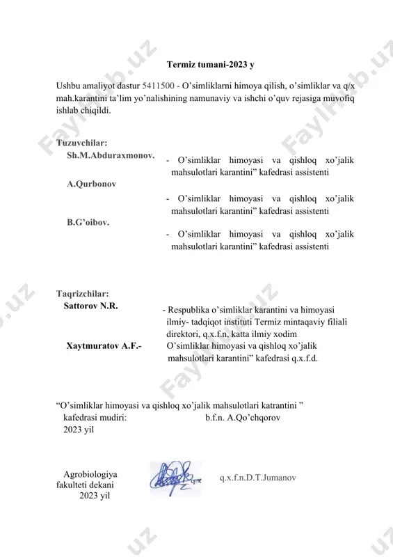 lari va o’quv rejasiga muvofiq institut ilmiy kengashi tomonidan tasdiqlangan malakaviy amaliyot dasturi asosida amalga oshiriladi. respublika agrar oliy o’quv yurtlari oldiga muhim vazifalar - qishloq xo’jaligi uchun mutaxassislar tayyorlash sifatini oshirish, g’oyaviy va siyosiy tarbiya darajasini ko’tarish, zamonaviy ishlab chiqarish masalalarini hal etishga, uni industrial texnologiyaga o’tkazishga qodir bo’lgan mutaxassislar chiqarish, qishloq xo’jalik mahsulotlari ishlab chiqarishning unumdorligini oshirish hisobiga ko’paytirishni ta’minlash va boshqa masalalarni o’rganish qo’yilgan. hozirgi kunda respublikamizdagi oliy ta’lim muassasalarining moddiy-texnika bazasini takomillashtirish va mustahkamlash, har oliy ta’lim muassasani ta’lim va ishlab chiqarish yo’nalishlarini hisobga olgan holda hamkorligini uyg’unlashtirishga katta ahamiyat berilmoqda. bunda qishloq xo’jaligi yo’nalishlari bo’yicha mutaxassis kadrlarni tayyorlash, ta’lim va bilim berish, shuningdek malakaviy amaliyot tizimini islohotlar talablari bilan chambarchas bog’langan holda bo’lishi muhim ahamiyat kasb etadi. mamlakatimizda malakali va bilimli zamonaviy mutaxassis kadrlarni tayyorlash, davlat ta’lim standartlari asosida ta’lim va uning barcha tarkibiy tuzilmalarini takomillashtirish doimo dolzarb masalalardan biri hisoblanadi. ta’lim yo’nalishlari bo’yicha o’qitilayotgan …