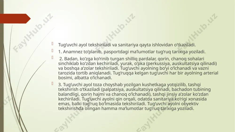 n ketganda, homila asfiksiyasi va shunga o‘xshash hollarda qin orqali tekshiriladi. tug‘uvchi ayolning tug‘ruq yo‘llaridan kelayotgan chiqindi tug‘ruq vaqtida sinchiklab kuzatib turiladi. tug‘ruqning birinchi davrida suv ketguncha bo‘yin kanalidagi yopishqoq tiniq shilimshiq ajralib chiqadi. q homilaning tug‘ilish davrini boshqarish bu davrda tug‘uvchi ayol organizmiga juda zo‘r keladi; asab, yurak-tomir va muskul sistemalari, nafas a’zolari va boshqa a’zo hamda tizimlar zo‘r berib ishlaydi. shu munosabat bilan yurak, tomirlar, o‘pka va boshqa a’zolari kasallangan ayollarda yurak fao- 158 liyati va gazlar almashinuvi homilaning tug‘ilish davrida buzilishi mumkin. homilaning tug‘ilish davri uzoq davom etganda, to‘lg‘oq qattiq va tez tutganda bachadon bilan platsenta o‘rtasida qon aylanishi to‘xtab, homila bo‘g‘ilib qolishi mumkin. shu sababli tug‘ruqning ikkinchi davrida tug‘uvchi ayol qornidagi homilaning ahvoliga, ayniqsa katta e’tibor berish zarur. /docprops/thumbnail.jpeg
