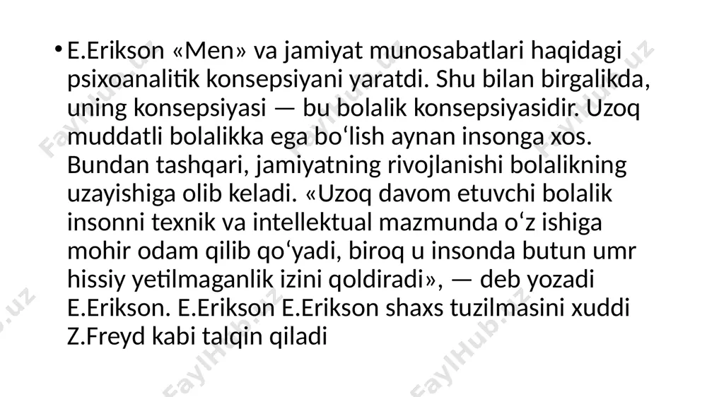 da rivojlanish mazmunini ham belgilaydi. biroq e.eriksonga muvofiq vazifaning yechimi shaxsning psixologiik harakatlantiruvchi rivojlanishda erishgan darajasi kabi u yashayotgan jamiyatning umumiy ma’naviy muhitiga ham bog‘liq 0-1-yosh.go‘daklik yoshining vazifasi — olamga asosli ishonchni shakllantirish, bir-biridan ajralganlik va begonalashish tuyg‘usini bartaraf etishdan iborat. 1-3-yosh.ilk yosh vazifalari — shaxsiy erkinligi va mustaqilligi uchun o‘z harakatlaridan kuchli shubhalanish va uyat tuyg‘usiga qarshi kurashdan iborat. 3-7-yosh.0 ‘yinli yoshning vazifalari — faol tashabbusning va ayni vaqtda o‘z istaklari uchun aybdorlik hamda axloqiy mas’uliyat hissini boshdan kechirishning rivojlanishi. 7-12-yosh.maktabda o‘qish davrida yangi vazifa — o‘z no‘noqligi va foydasizligini anglashga qarshi turuvchi mehnatsevarlik va mehnat qurollari bilan muomala qila olish malakasining shakllanishi sodir bo‘ladi. 12-18-yosh.o'smirlik va ilk o‘spirinlik yoshida dastlabki yaxlit o‘zini va olamdagi o‘z o‘rnini anglash vazifasi; bu vazifani hal qilishdagi salbiy qutb — shaxsiy «men»ini («bir xillik diffuziyasi») tushunishda ishonchsizlik paydo bo'ladi. 18-35-yosh.0 ‘sprinlikning oxiri va yetuklikning boshlanishidagi vazifalar — umr yo‘ldoshini izlash va yolg‘izlik tuyg‘usini …