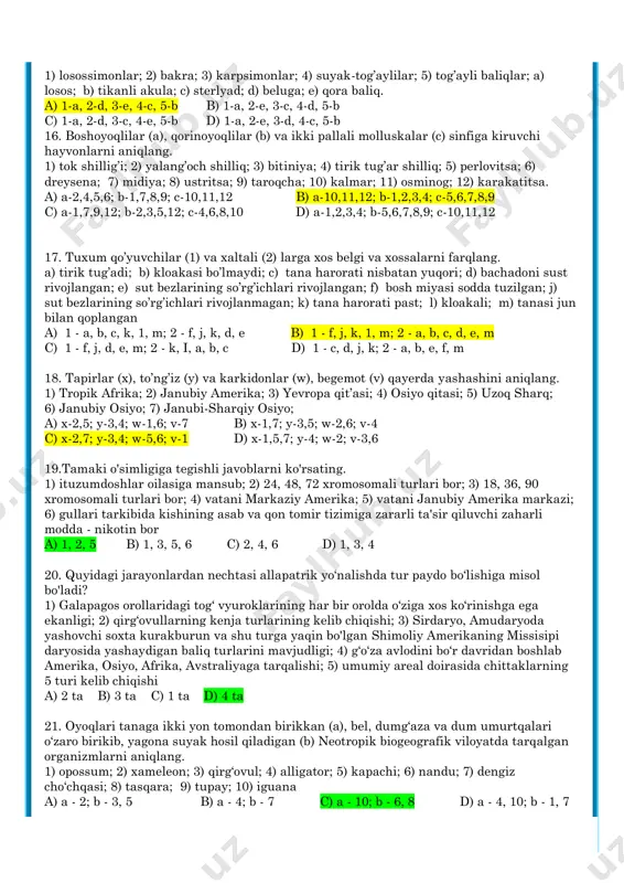 tasqara tanasining qaysi qismlarida co2 gazining konsentratsiyasi past (arterial) bo'ladi? 1) o'ng bo'lmachadagi qon tarkibida; 2) o'ng bo'lmachaga keluvchi vena qon tomirida; 3) chap bo'lmachaga keluvchi vena qon tomirida; 4) miyadan qon olib ketuvchi qon tomirida; 5) kichik qon aylanish doirasining arteriya qon tomirida; 6) chap qorinchadagi qon tarkibida; 7) tana muskullariga qon olib boruvchi arteriya qon tomirlarida. a) 1,4,5 b) 3,6,7 c) 2,4,7 d)3,5,6 12. halqali chuvalchanglar bilan bo’g’imoyoqlilarning oraliq vakillarini (a) aniqlang va ular qaysi belgisi bilan chuvalchanglarga o’xshash (b) bo’lgan? a) a – assidiyalar; b – tanasi xitin bilan qoplangan b) a – trilobitlar; b – har bir tana bo’g’imida bir juftdan bir xil oyoqlari bo’lgan c) a – trilobitlar; b – qon aylanish sistemasi ochiq bo’lgan d) a – ichaksiz kiprikli yassi chuvalchang; b – har bir tana bo’g’imida bir juftdan oyoqlari bo’lgan 13. ipakchilikda har bir tut ipak qurti urg’ochisi o’rta hisobda 1000 m ipak …