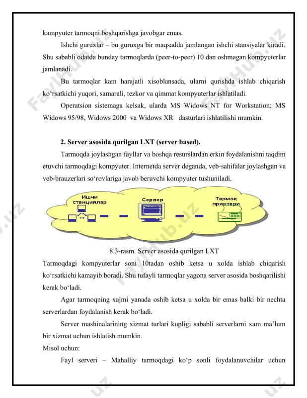 anishi, yengil kengaytirilishi bilan tavsiflanadi. (odnorangovыe - peer-to-peer ). 8.2-rasm. yagona rang arxitekturasi asosida qurilgan lxt bu turdagi tarmoqlarda xech qanday ierarxik struktura mavjud emas, har bir terminal ishchi stansiya yoki server vazifasini o‘tashi mumkin. bu tarmoqda xech qaysi kampyuter tarmoqni boshqarishga javobgar emas. ishchi guruxlar – bu guruxga bir maqsadda jamlangan ishchi stansiyalar kiradi. shu sababli odatda bunday tarmoqlarda (peer-to-peer) 10 dan oshmagan kompyuterlar jamlanadi. bu tarmoqlar kam harajatli xisoblansada, ularni qurishda ishlab chiqarish ko‘rsatkichi yuqori, samarali, tezkor va qimmat kompyuterlar ishlatiladi. operatsion sistemaga kelsak, ularda ms widows nt for workstation; ms widows 95/98, widows 2000 va widows xr dasturlari ishlatilishi mumkin. 2. server asosida qurilgan lxt (server based). tarmoqda joylashgan fayllar va boshqa resurslardan erkin foydalanishni taqdim etuvchi tarmoqdagi kompyuter. internetda server deganda, veb-sahifalar joylashgan va veb-brauzerlari so‘rovlariga javob beruvchi kompyuter tushuniladi. 8.3-rasm. server asosida qurilgan lxt tarmoqdagi kompyuterlar soni 10tadan oshib ketsa u xolda ishlab chiqarish ko‘rsatkichi …