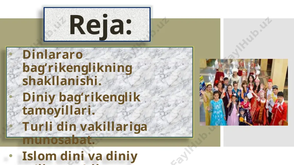 g‘urlarning «sayil» bayramlari, xitoylarning «chunuze» yangi yili, koreyslarning «soller» va «ovol – tano» bayramlari nishonlanmoqda. «soller» «chunuze» «ovol – tano» «sayil» «maslennitsa» «sabanto‘y» har yili respublikamiz miqyosida «biz yagona oila farzandlarimiz», «vatan yagonadir, vatan bittadir», «o‘zbekiston umumiy uyimiz» shiori ostidagi festivallar o‘tkazilmoqda. o‘zbekiston hududida o‘z madaniyati va o‘z an’analariga ega bo‘lgan 130 dan ortiq millat va ellat vakillari yashaydi. ular ham mamlakatning barcha fuqarolari qatori bir xil huquq va majburiyatlarga ega. o‘zbekistonda millatlararo munosabatlar. o‘zbekiston aholisining 80 % ini o‘zbek, 4,9 % ini tojik, 3,8 % ini rus, 3,6 % ini qozoq va 7,7 % ini boshqa turli millatlarga mansub kishilar tashkil etadi. dastlabki milliy-madaniy markazlar koreyslar, qozoqlar, yahudiylar, armanlar tomonidan respublika viloyatlarida 1989-yilda tashkil etilgan. o‘zbekistonda yashovchi turli millat vakillarining madaniy ehtiyojlarini qondirish uchun milliy-madaniy markazlari (mmm) faoliyat yuritadi. agar 1992-yilda 10 ta milliy-madaniy markazlar ish olib borgan bo‘lsa, hozirga kelib esa, mamlakatda 138 ta milliy-madaniyat markazlari faoliyat yuritmoqda. …