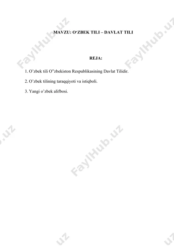 asosida. dastavval shuni aytish kerakki, o’zbek tilini xv asrda davlat tili darajasiga ko’yarish, uni ravnaq toptirish uchun buyuk bobokalonimiz hazrati mir alisher navoiy ko’p kuch sarf qildi. u o’zining “xamsa”,“xazoin ul-maoniy”,“muhokamatullug’atayn” kabi qator o’lmas asarlarini shu tilde yaratdi. sulton husayn homiylik qilib, a. navoiyning busohadagi ishlarni qo’llab-quvvatlagan hamda mahsus farmon bilan o’zbek tiliga davlat tili maqomini bergan edi.o’tgan besh asrdan ko’proq davrda o’zbek tilining ahamiyati kamaygani yo’q. ammo yetmish yillik mustabid tuzumining siyosati sababli o’zbek tilining ish ko’rish doirasi chegaralanib qoldi va ahamiyati pasayib ketgan edi. xalqimizning doim mustaqil bo’lish, erkin yashash yo’lida kurashib keldi va cho’pon, fitrat, a.qodiriy, a. avloniy,g’. g’ulom,oybek, h. olimjon, a. qahhor kabi siymolar adabiy tilimizning ravnaqi yo’lida tinmay ijod qildilar. bu kurashlar samarasiz ketmadi. (2-modda).3. o’zbekiston respublikasiningbarcha korxona, muassasa, tashkilotlarida ish respublika davlat tilida olib oriladi ( 7-modda), bu esa xalqimiz uchun yengilliklar yaratadi.4. o’zbekiston respublikasining hunar-texnika, o’rta maxsusu va oily o’quv yurtlarida ular qatsi …