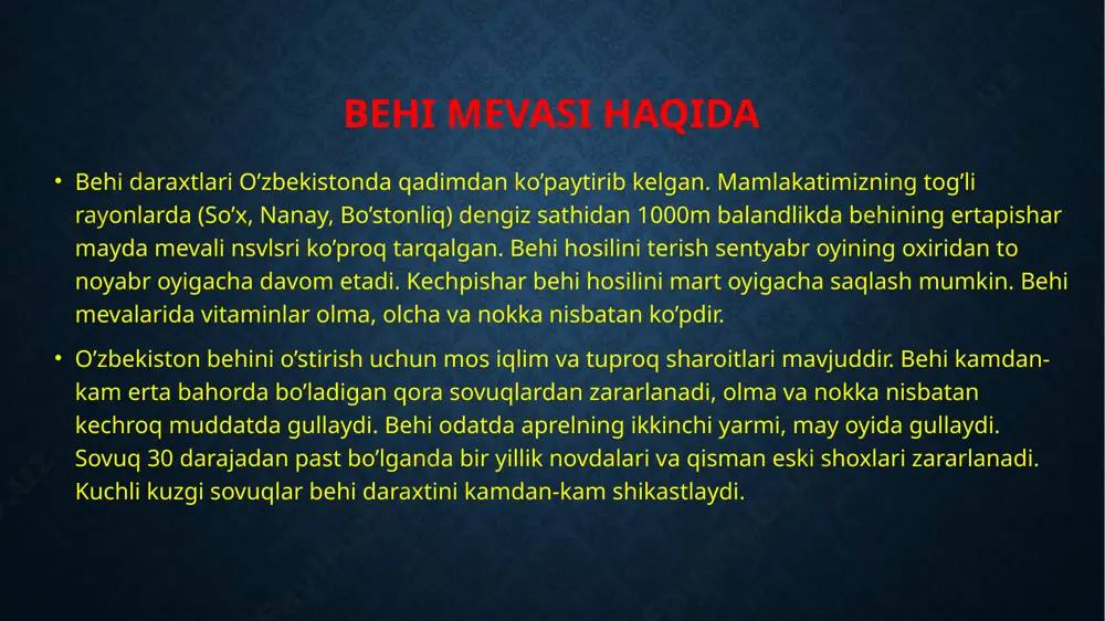 silliq, ko’kimtir rangli, saqlanganda sariq tusga kiradi. eti sarg’ish oq, zich, bir oz dag’al, o’rtacha suvli, sezilar-sezilmas hushbo’y, taxirroq, nordon-shirin. hosildorligi o’rtacha. oktyabr oyi boshlarida uziladi, martgacha yaxshi saqlanadi. saqlanganida po’stining osti dog’lanib, taxirlashadi. yaxshi changlanishi uchun boshqa navlar bilan aralashtirib ekkan ma’qul. daraxtning ildiz sistemasi yer yuzasiga yaqin joylashadi. shuning uchun ham u yaxshi unumdor bo’z tuproqlarda va qum bilan aralshgan og’ir tuproqlarda yaxshi o’sib, mo’l hosil beradi. foydalanilgan adabiyotlar 1. ziyonet.uz axborot kutubxonasi 2. wikipediya.org sayti e’tiboringiz uchun rahmat image2.png image3.jpg